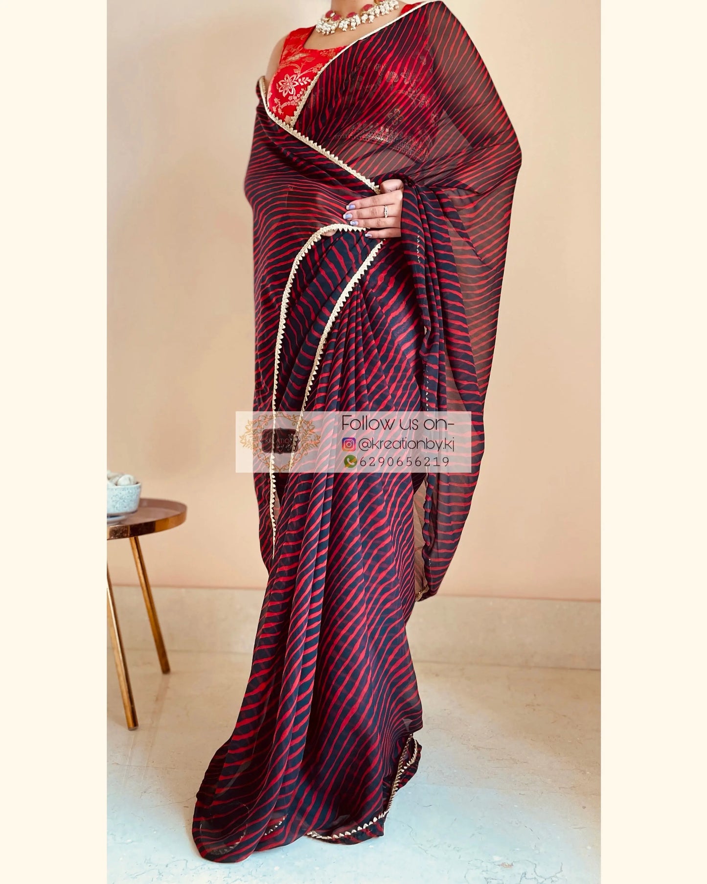 Black and Maroon Georgette Leheriya Saree kreationbykj