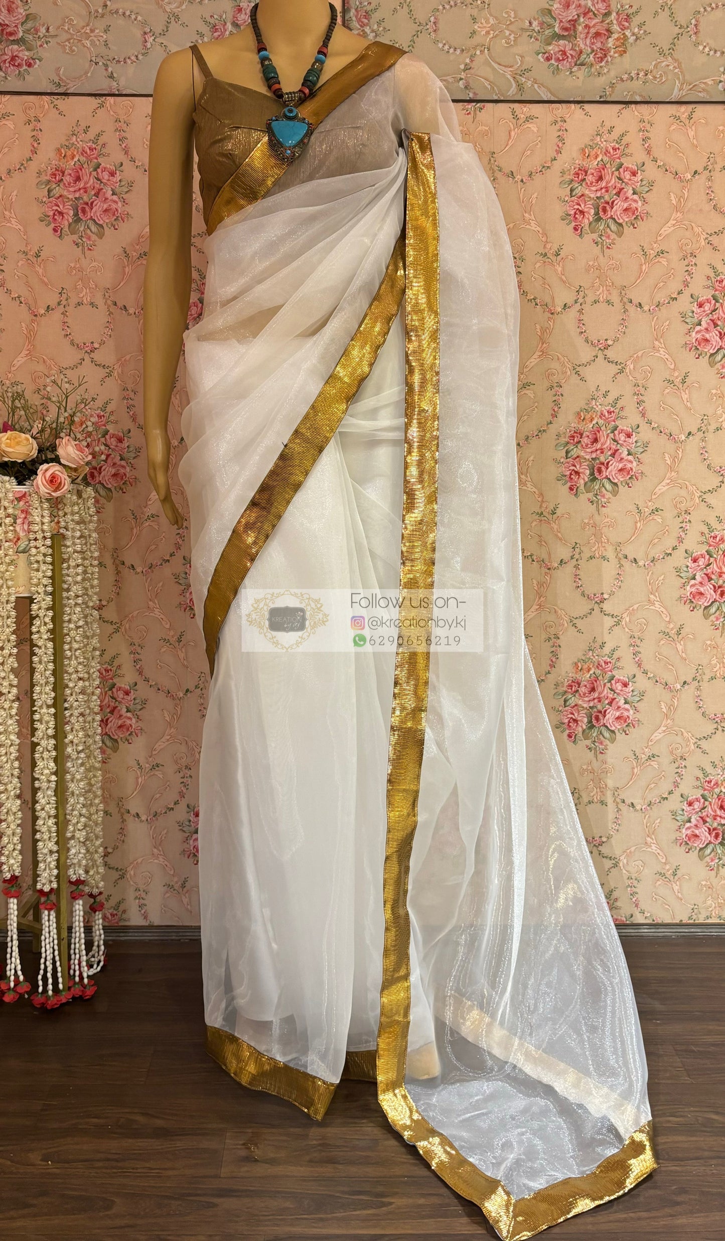 White Organza Saree with Gota Border kreationbykj