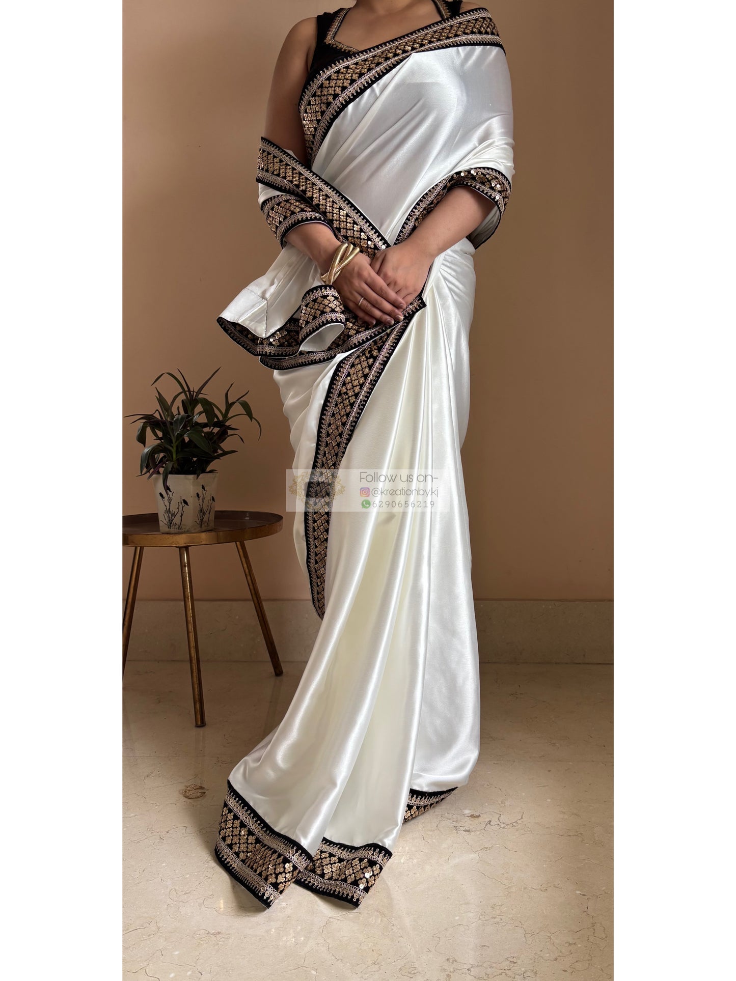 Cream Satin Silk Saree with Black Border Party Wear - kreationbykj