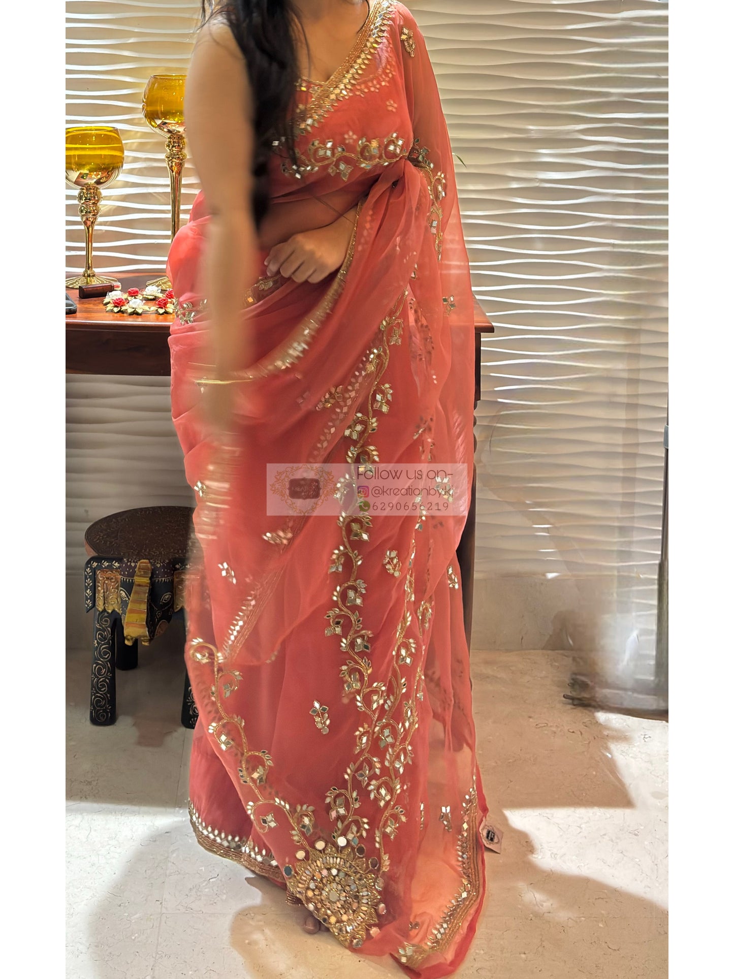 Peach Sheesh Leher Real Mirror Cutwork Saree Kreation by KJ