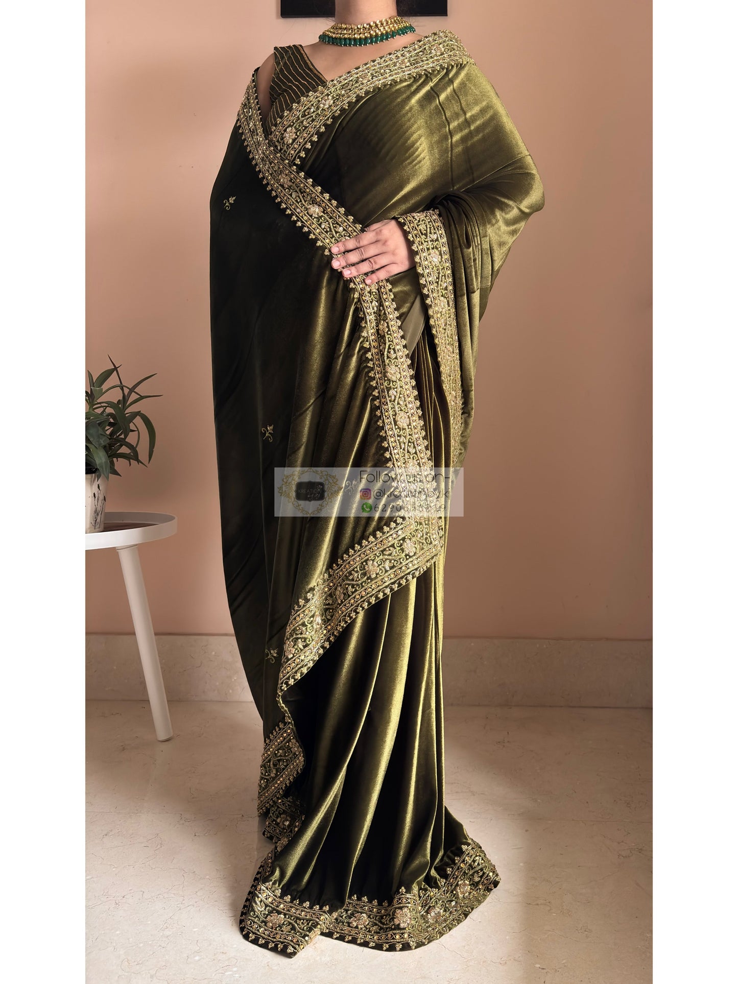 Mehendi Green Velvet Zarina Saree for Wedding Kreation by KJ