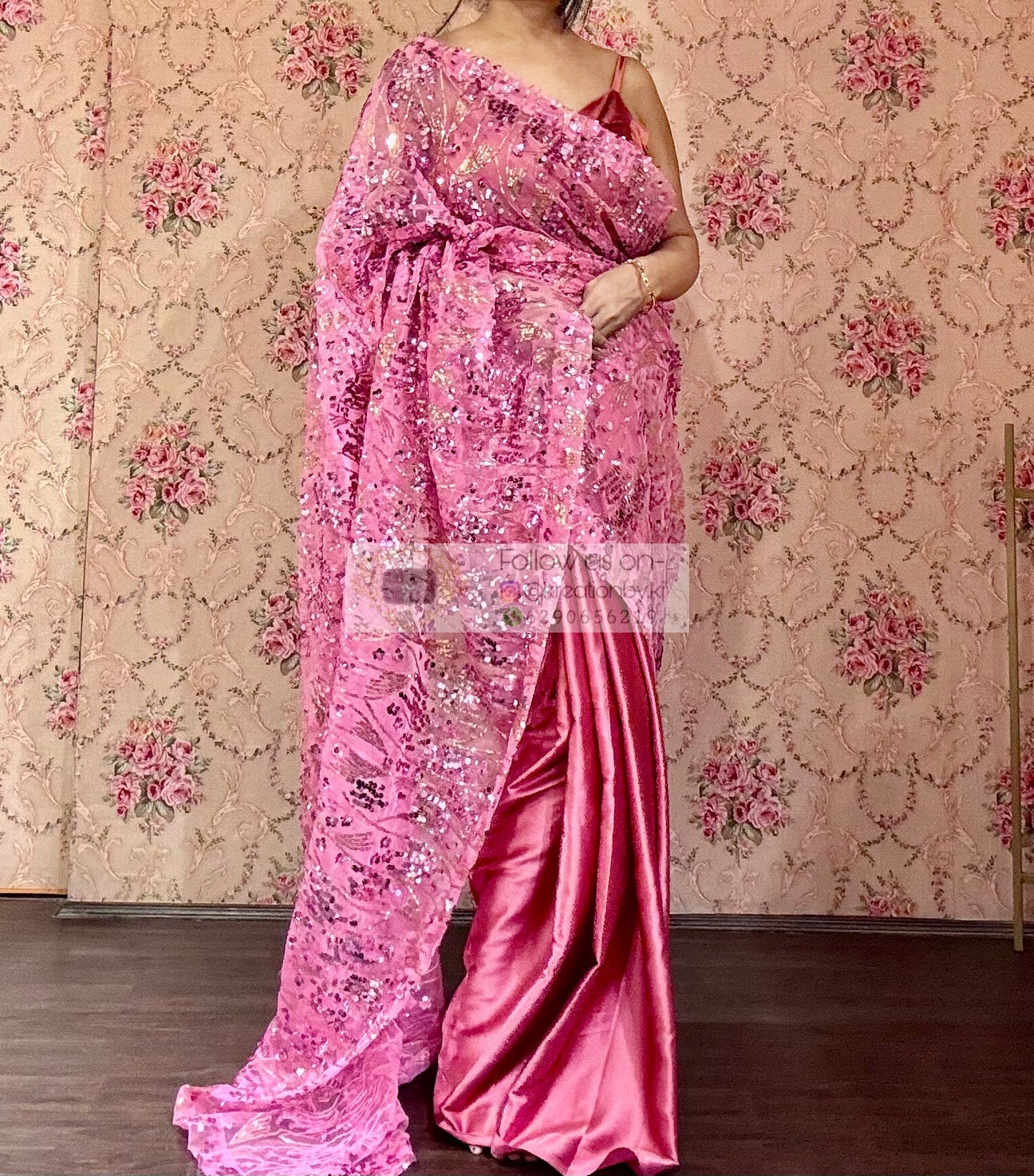 Pink Mermaid Sequin Partywear Saree kreationbykj