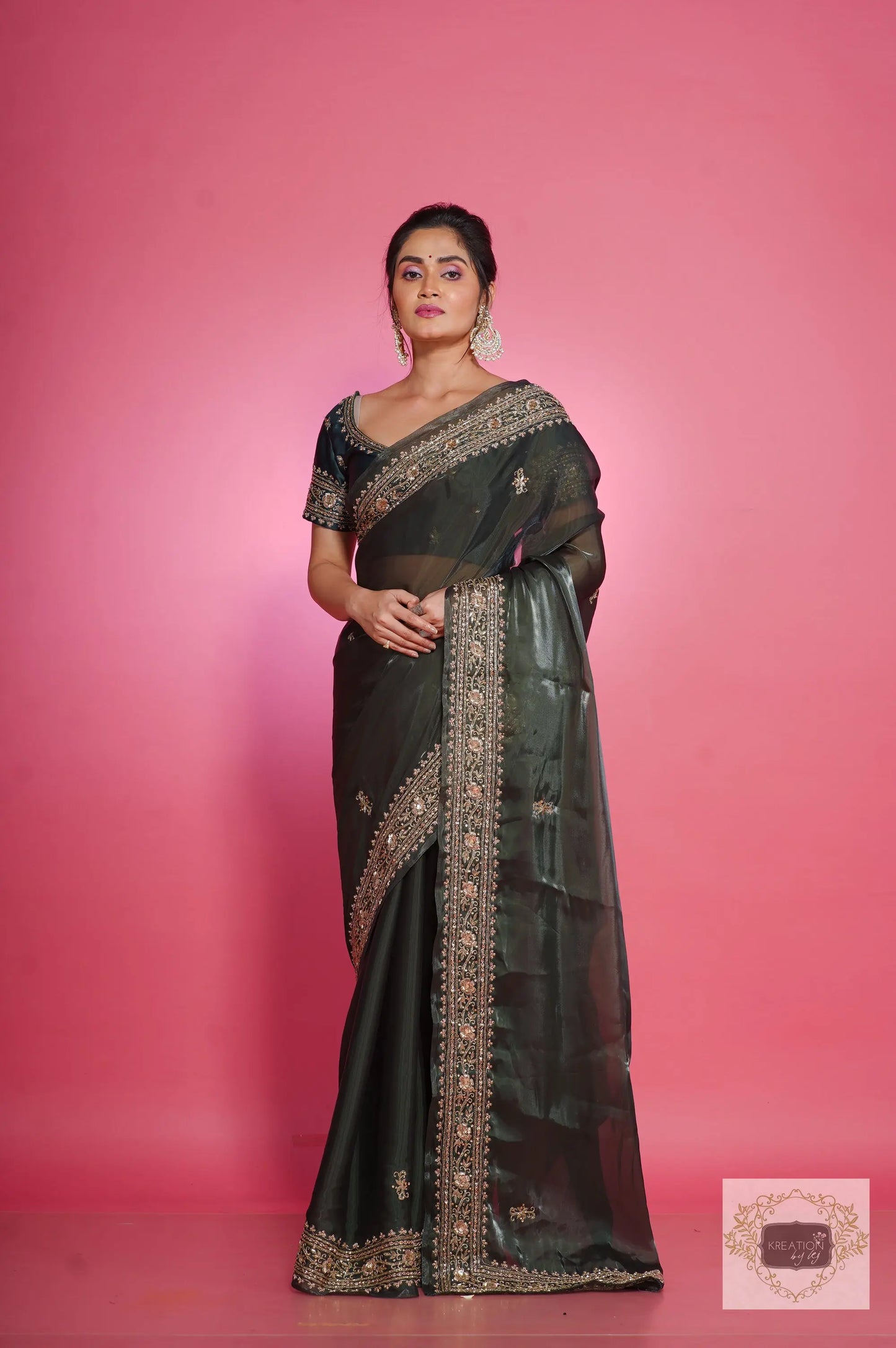 Dark Green Zarina Glassy Organza Saree kreationbykj