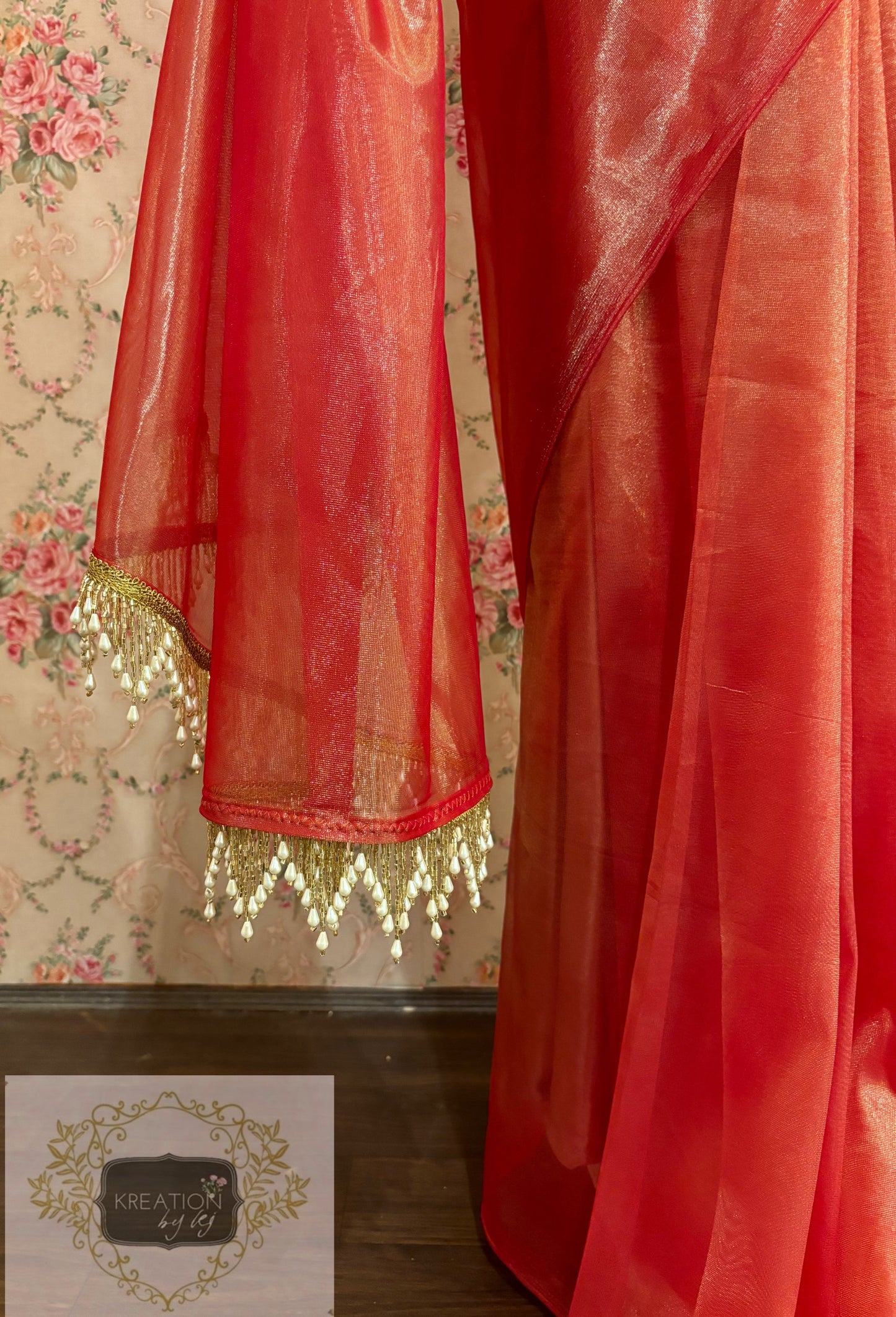 Sunset Orange Tissue Net Saree kreationbykj