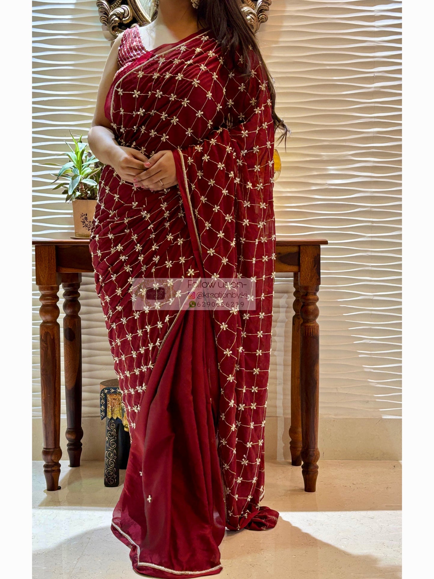 Maroon Georgette Cutdana Jaal Saree kreationbykj