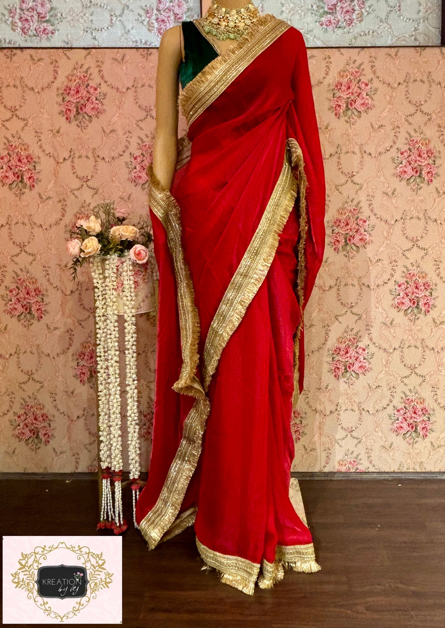 Red Metallic Shimmer Satin Banno Saree kreationbykj