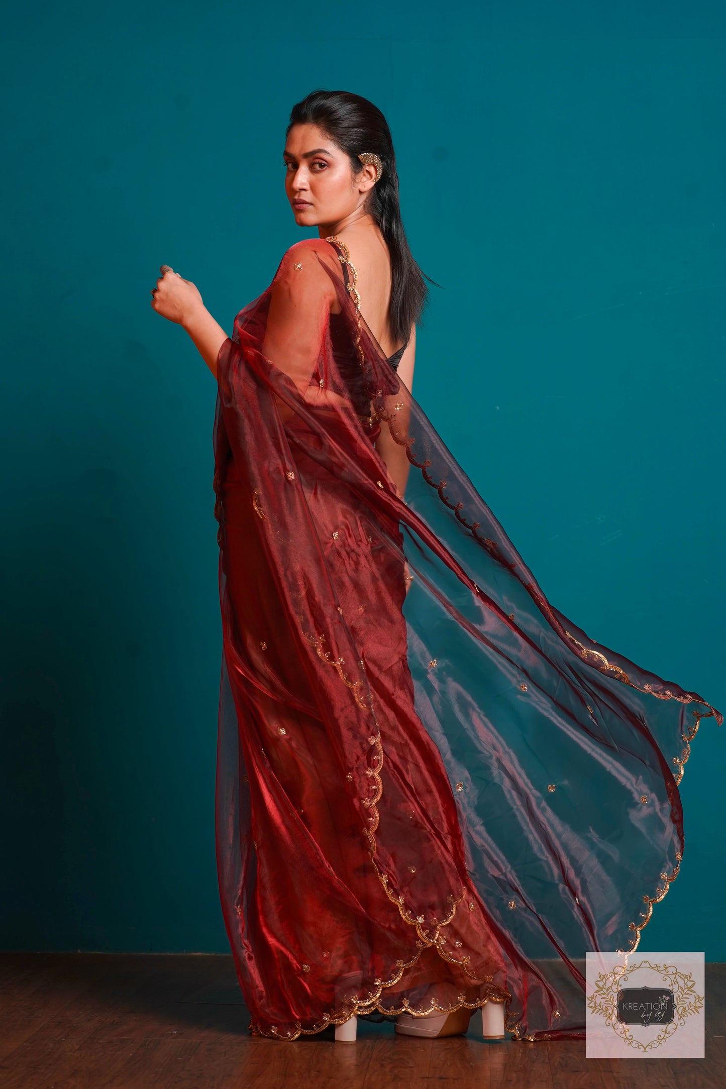 Maroon Glass Tissue Sequin Piyali Saree kreationbykj
