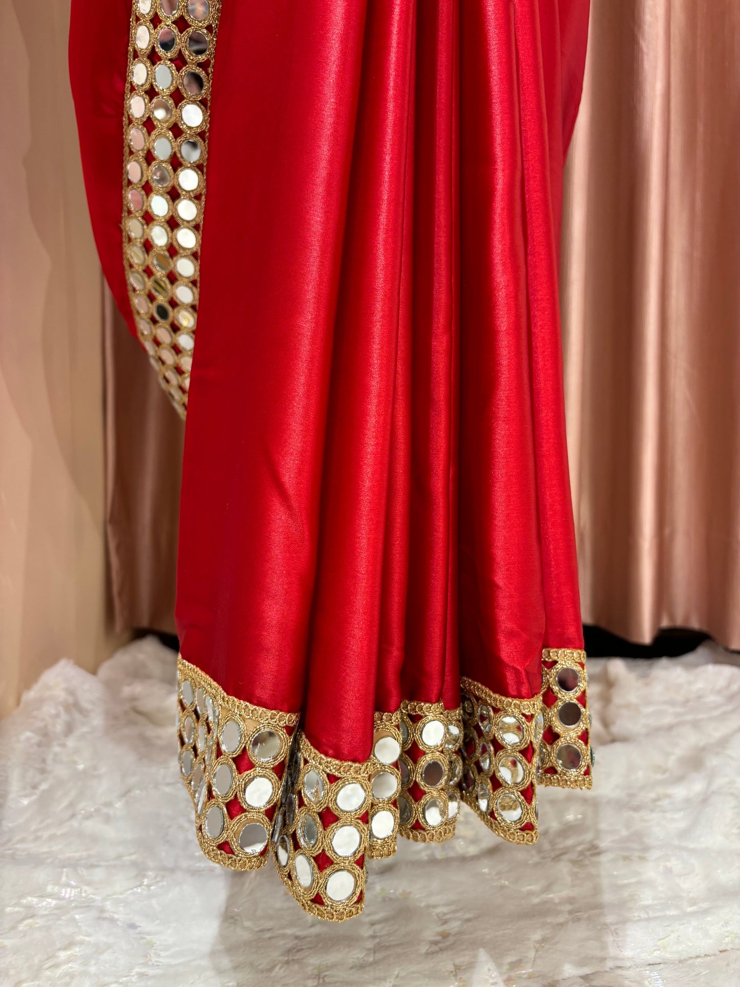 Crimson Red Satin Silk Saree with Mirror Border kreationbykj