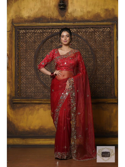 Red Glass Tissue Sheesh Mahal Saree