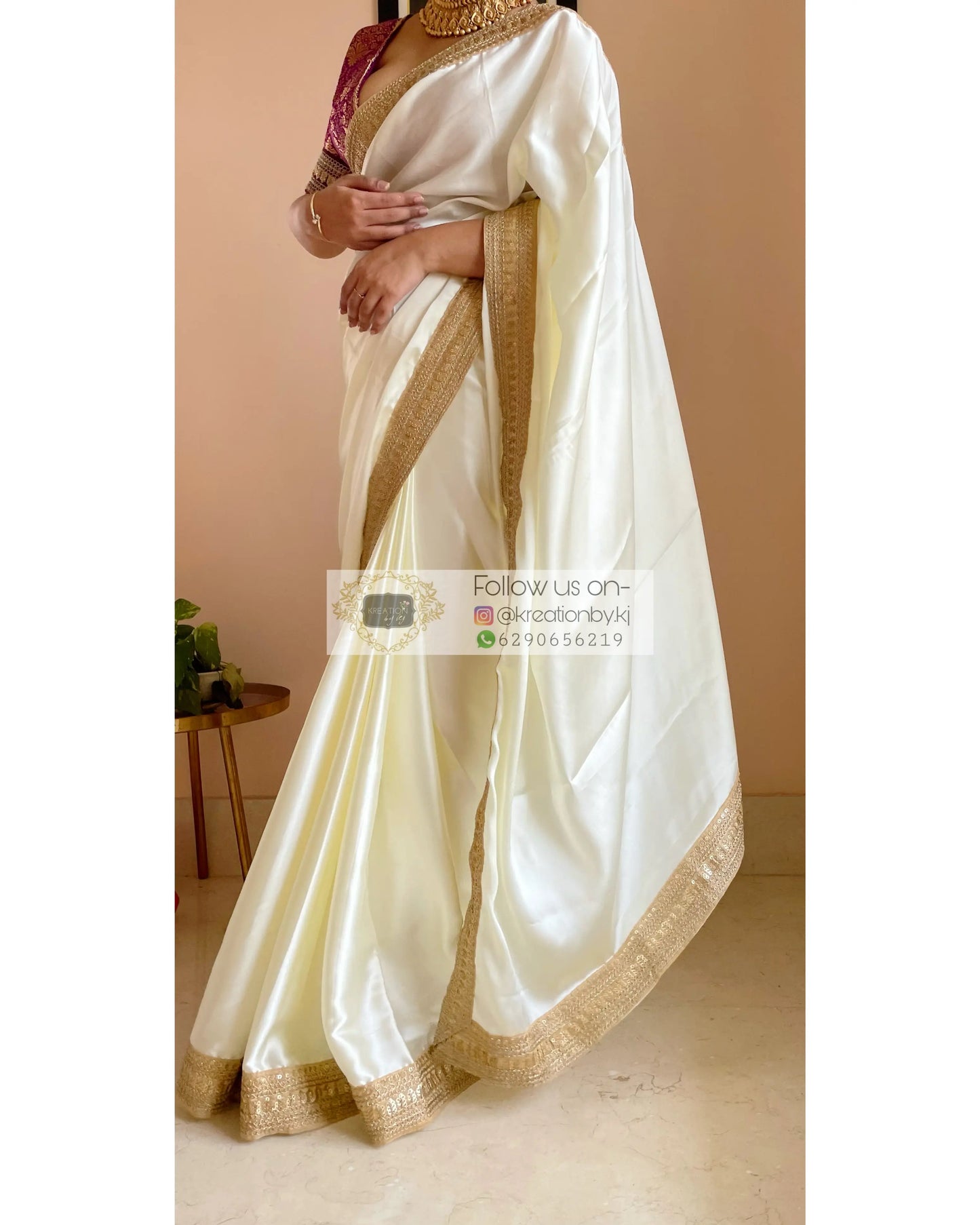 Cream Satin Silk Saree with Beige Border-Agomoni kreationbykj