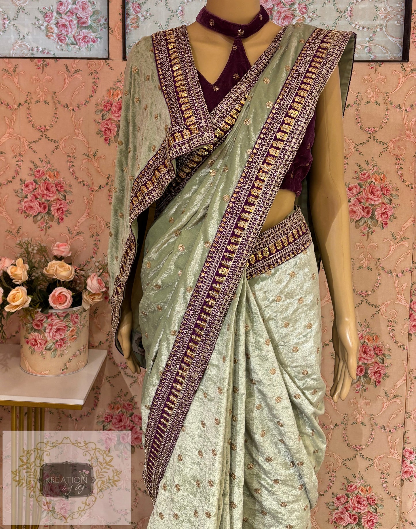Sage Green Velvet Saree With Border kreationbykj