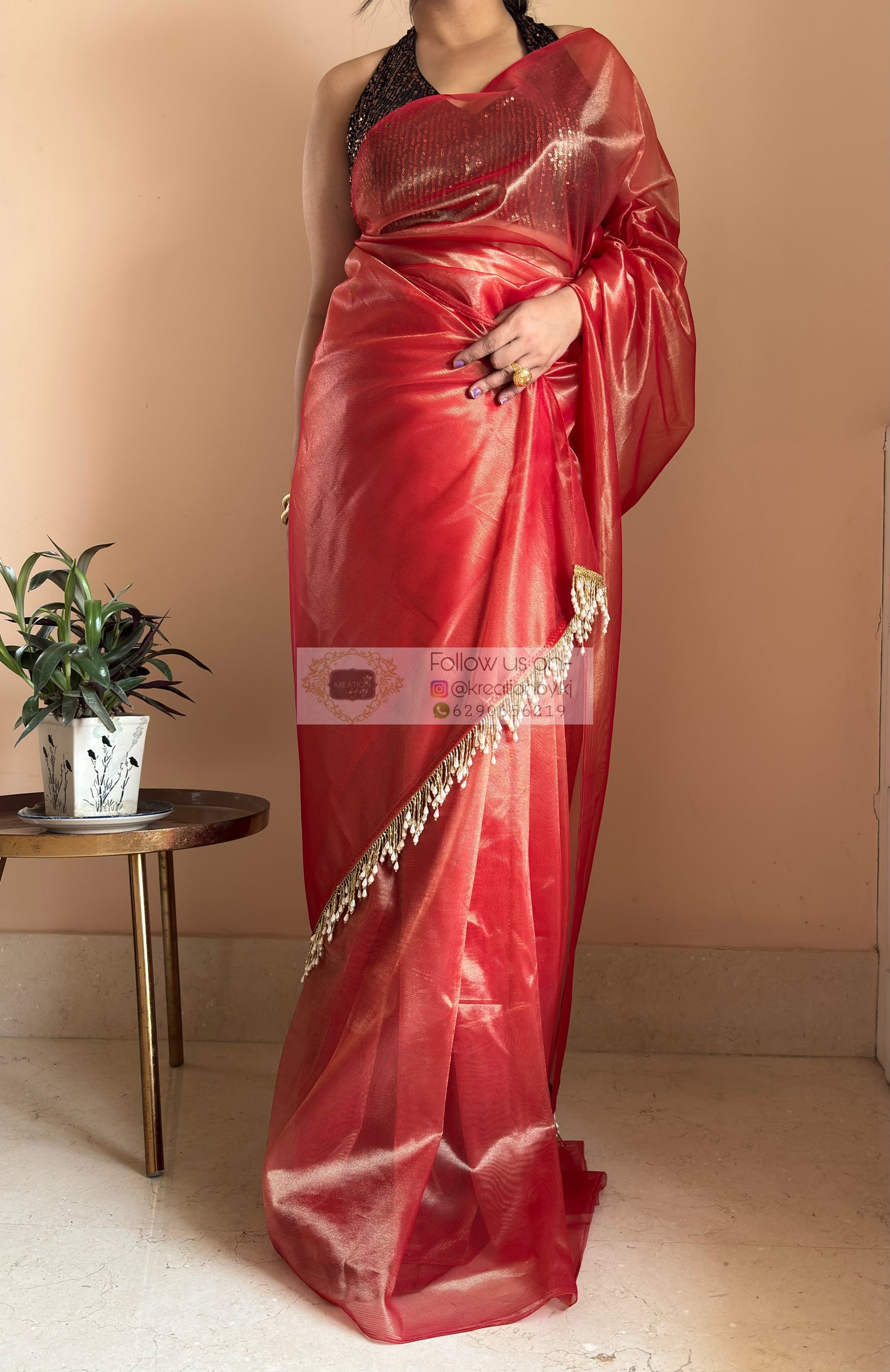 Sunset Orange Tissue Net Saree kreationbykj