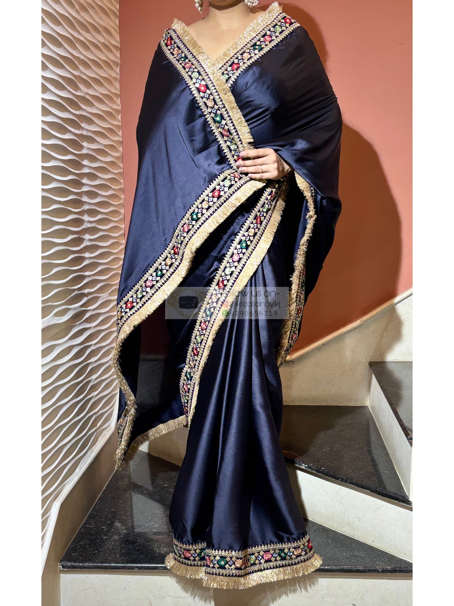 Navy Blue Satin Silk Floral Banno Saree kreationbykj