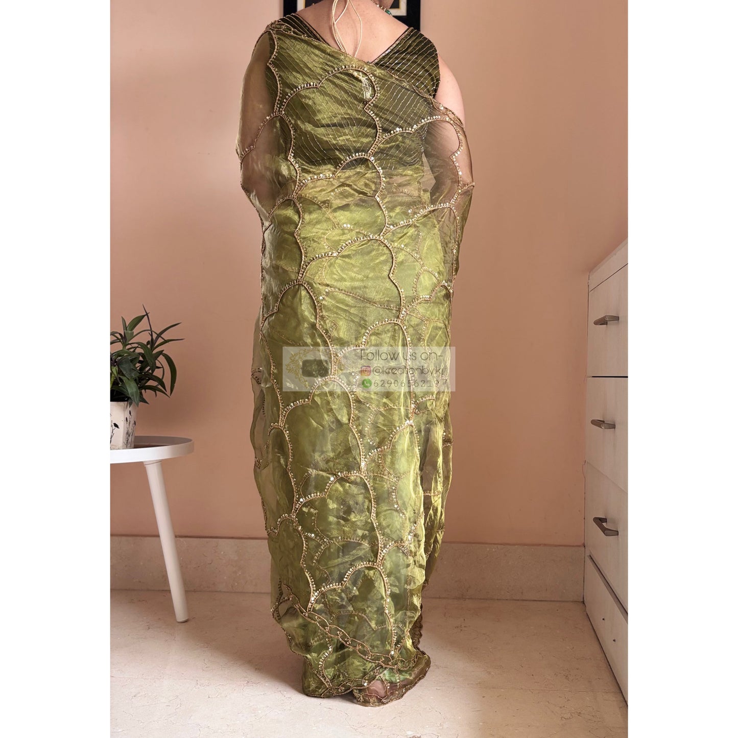 Military Green Chaudhvin ka Chand Saree for Wedding Kreation by KJ