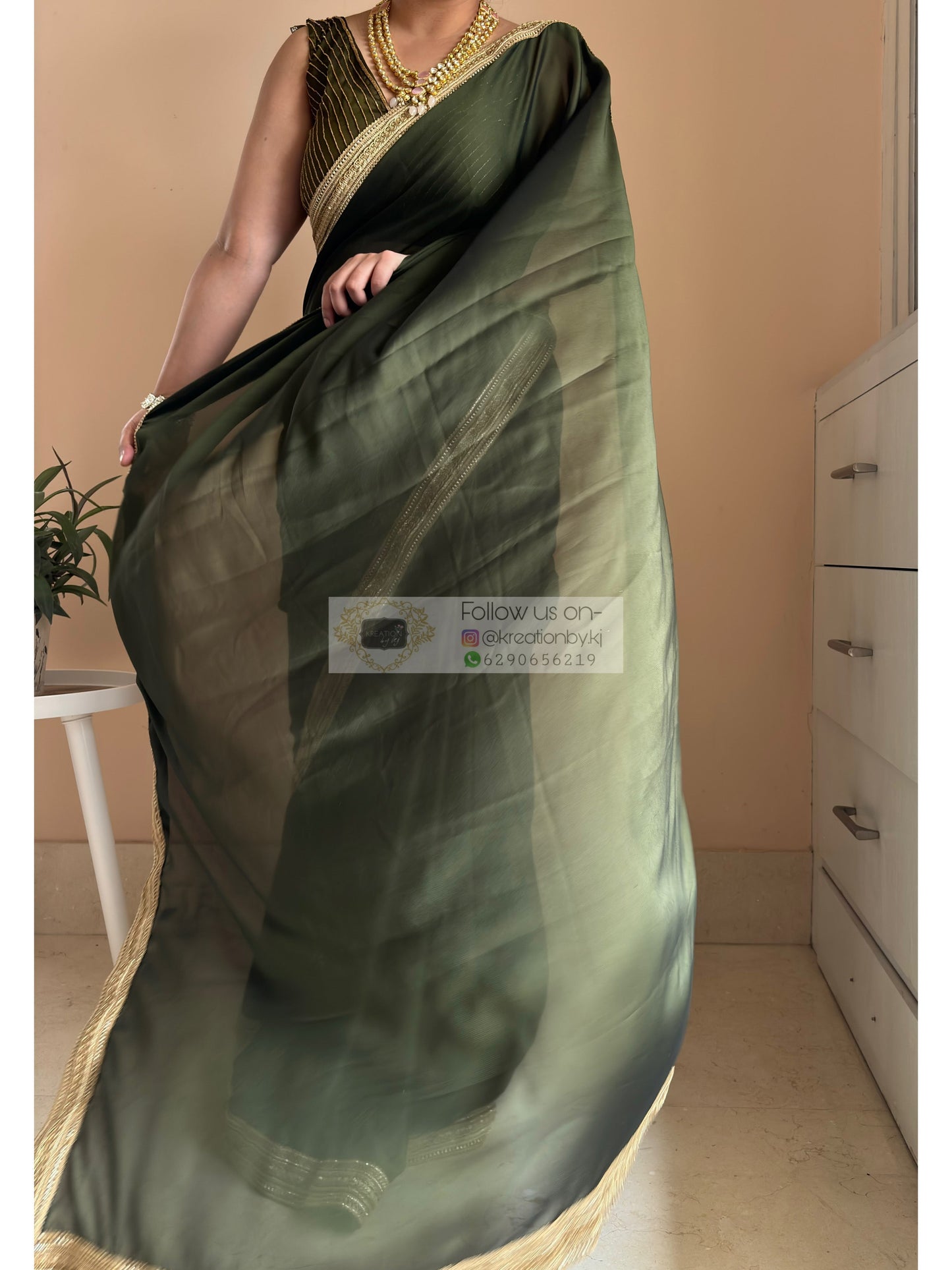 Olive Green Georgette Saree with Golden Border Kreation by KJ