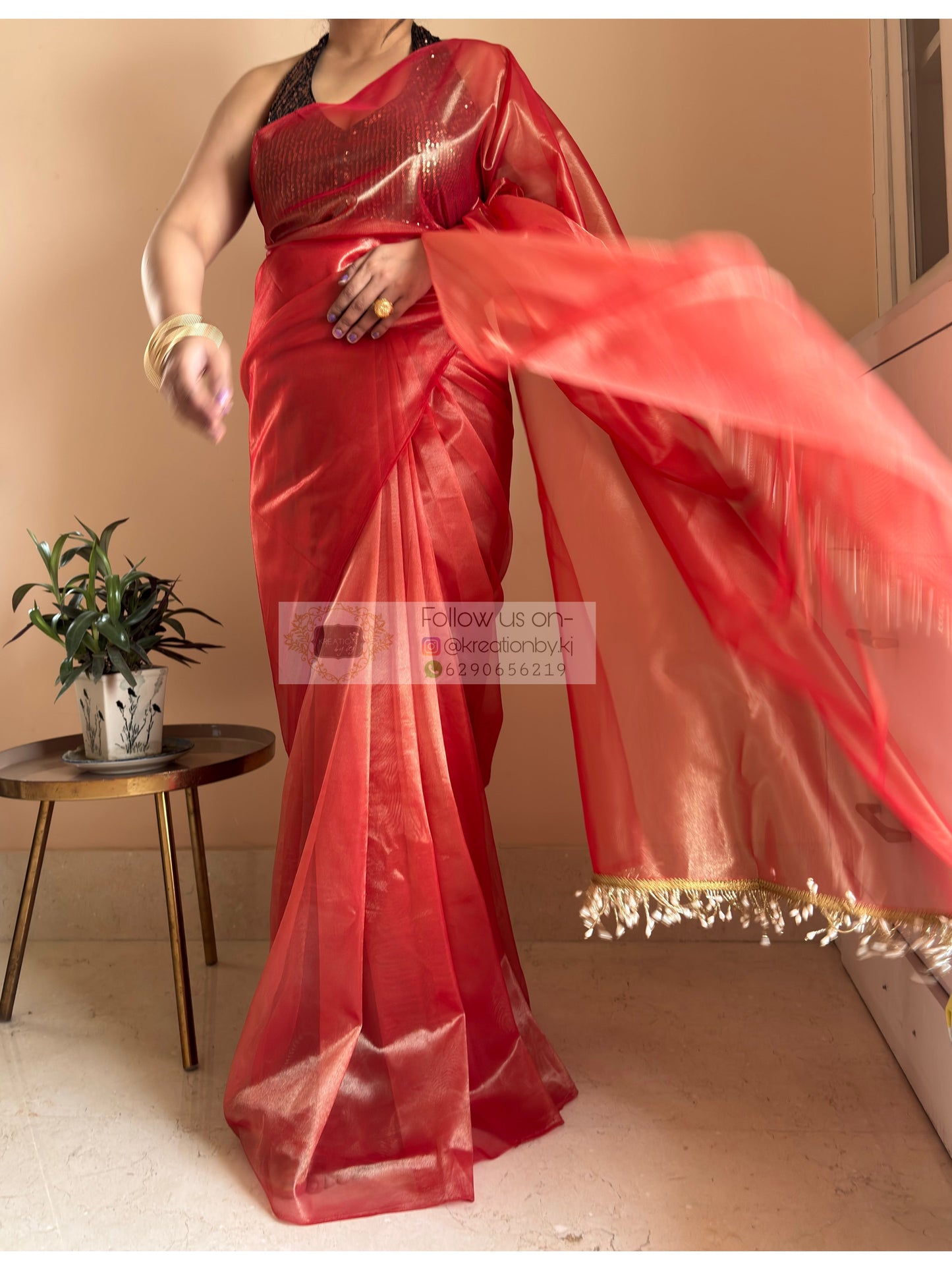 Sunset Orange Tissue Net Saree kreationbykj