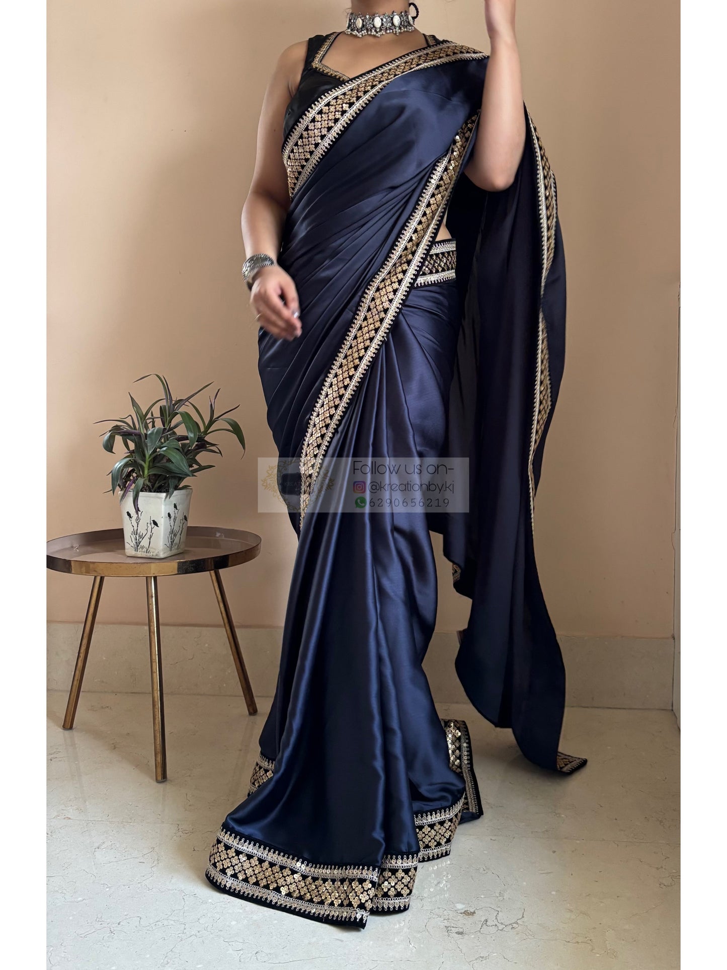 Dark Navy Blue Satin Silk Saree with Black Border kreationbykj