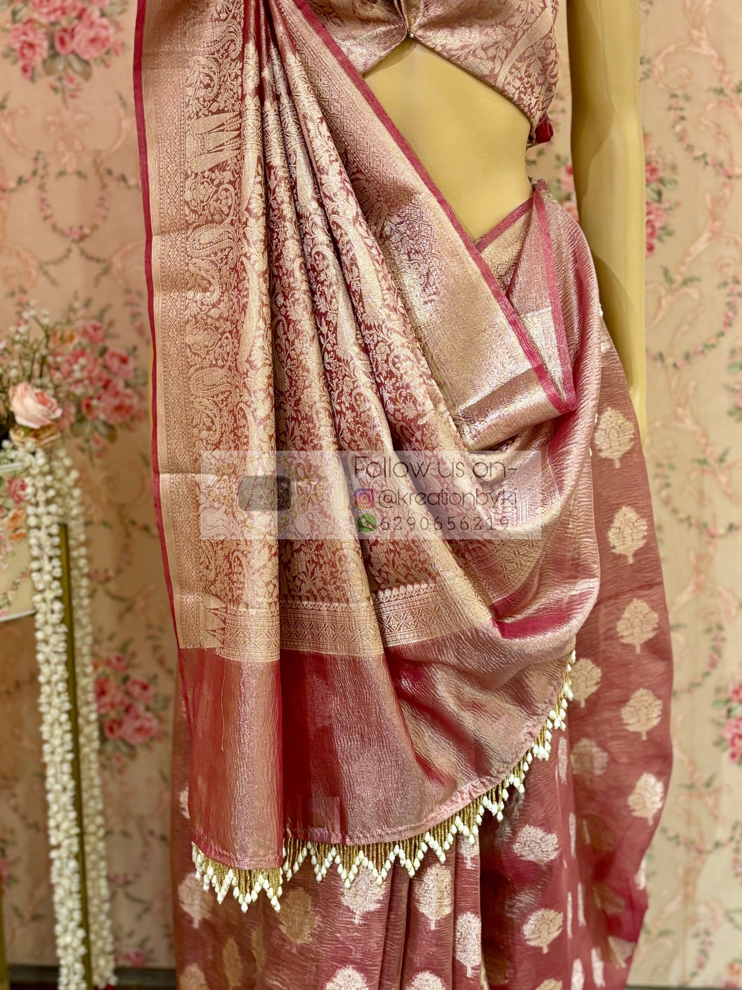 Dusty Mauve Banarasi Crushed Tissue Saree kreationbykj