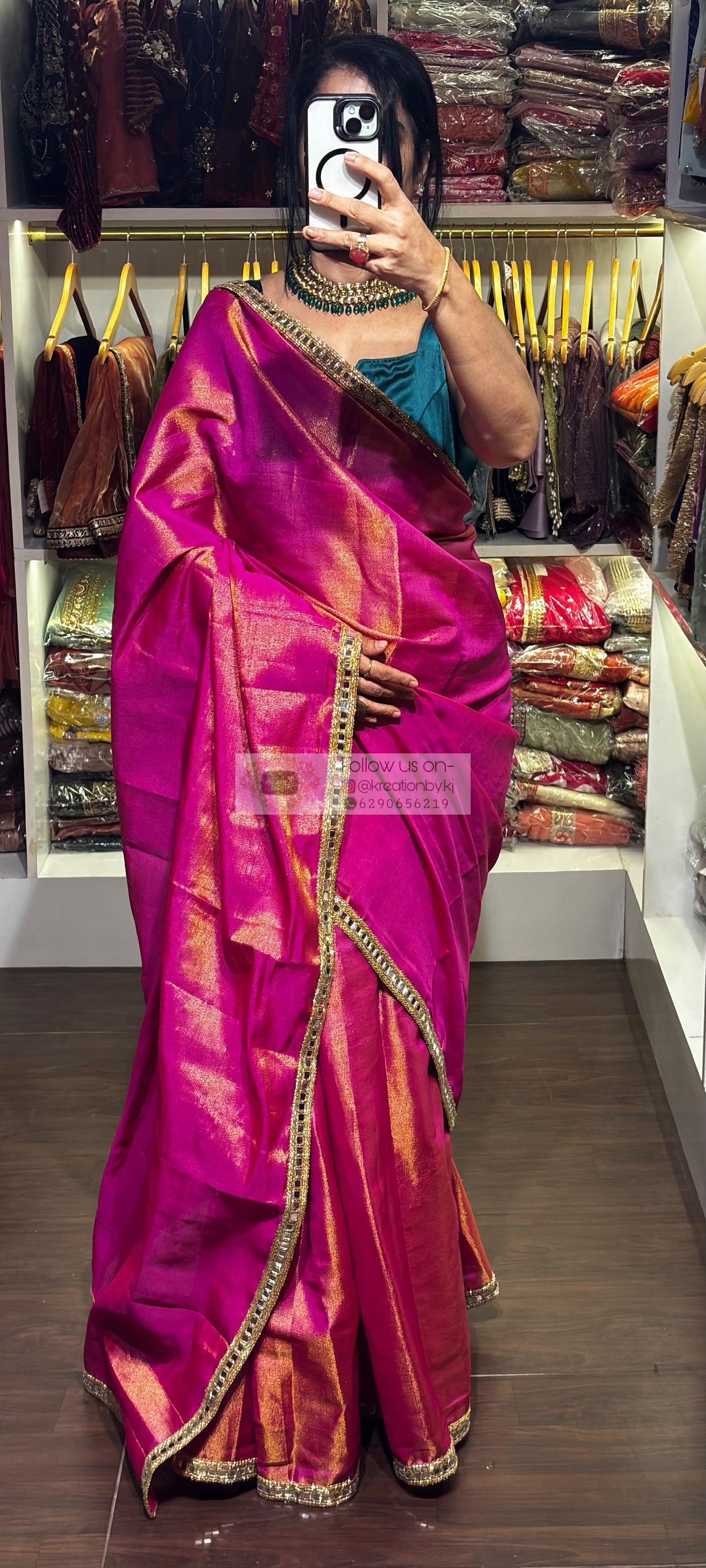 Hot Pink Mirage Saree with Cut Mirror Border kreationbykj