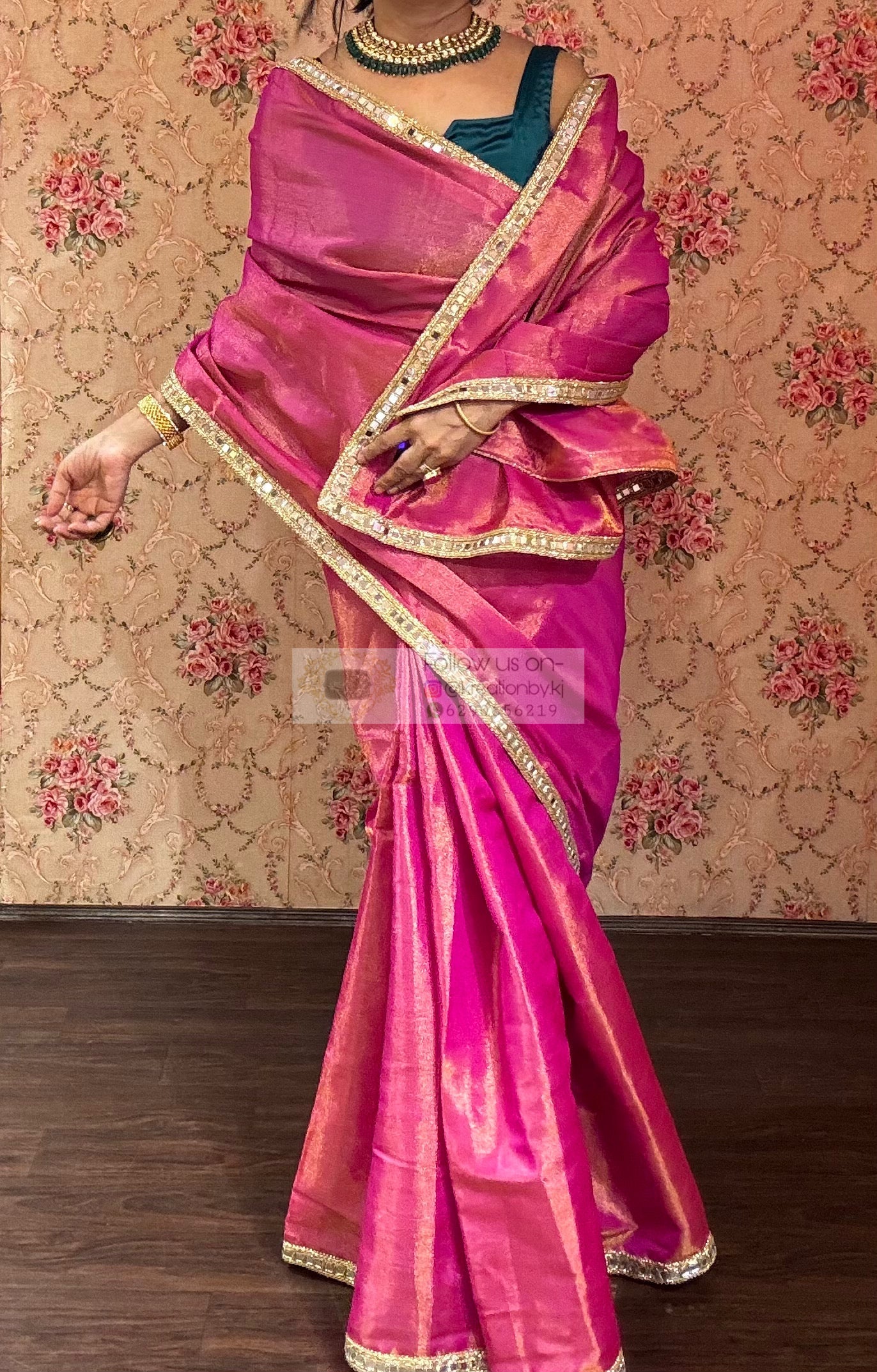 Hot Pink Mirage Saree with Cut Mirror Border kreationbykj