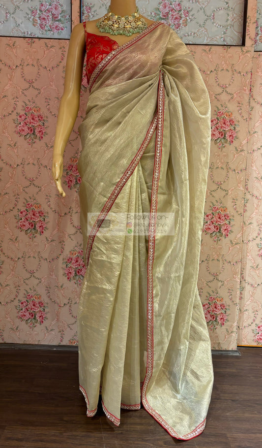 Swarna Beige Crushed Tissue Saree kreationbykj