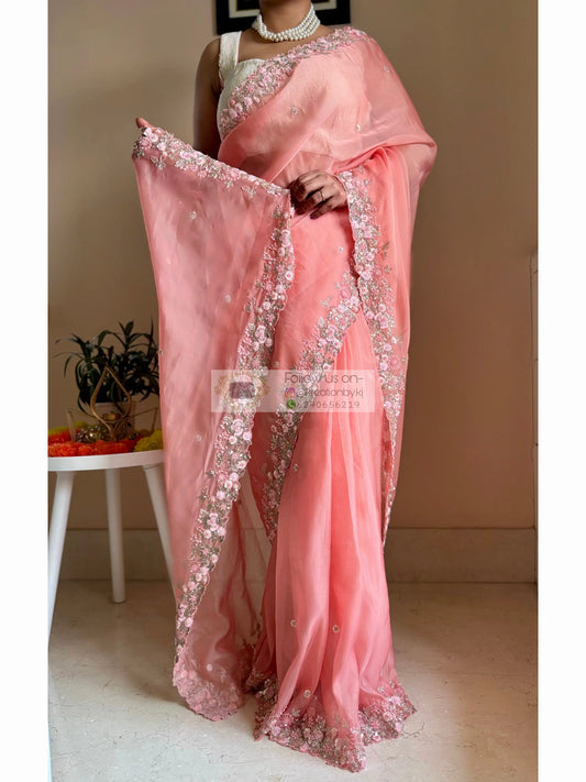 Peach Floral Haze Organza Saree Kreation by KJ