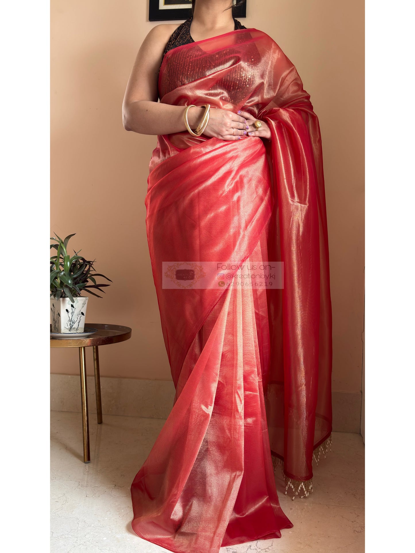 Sunset Orange Tissue Net Saree kreationbykj