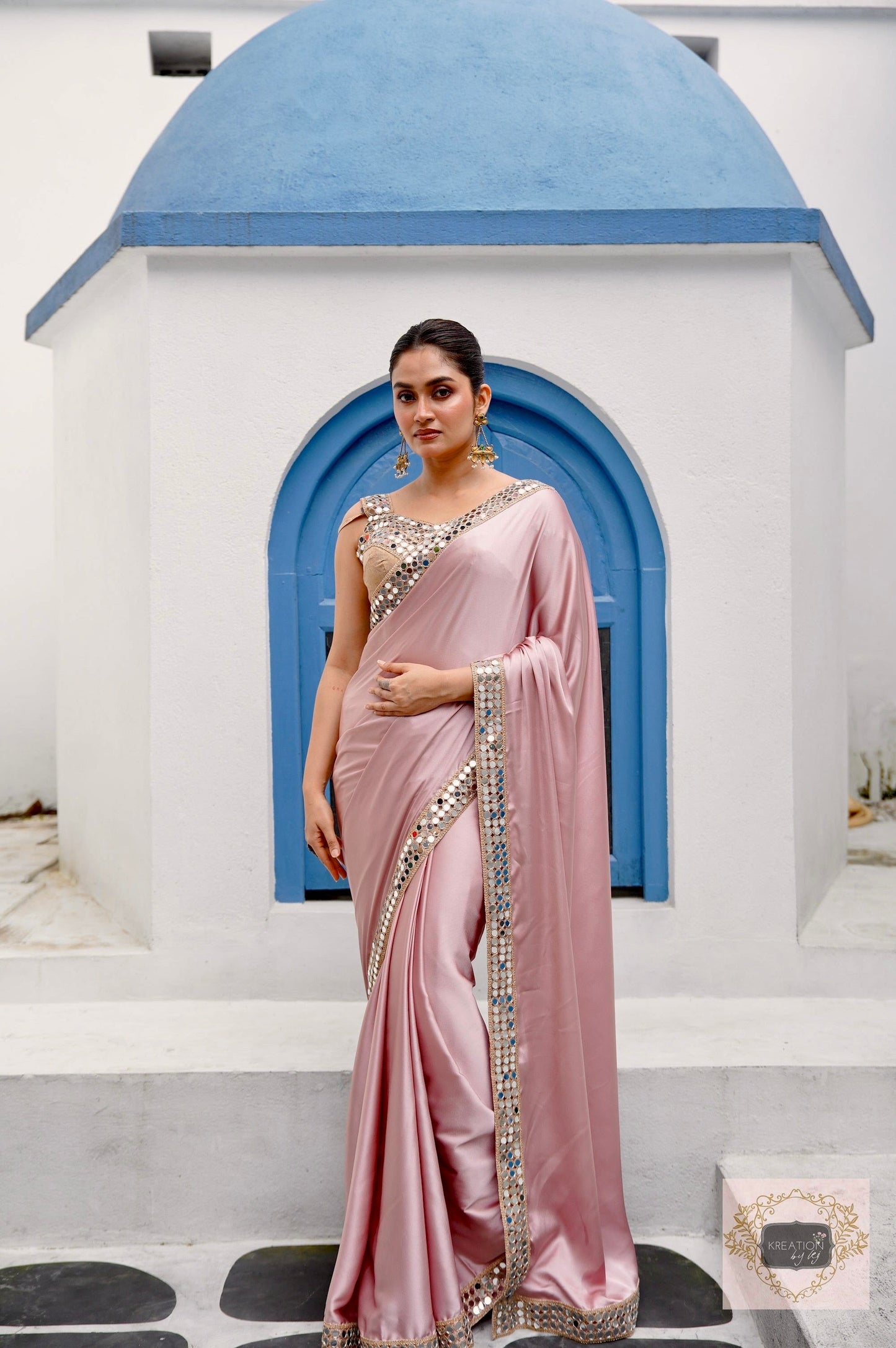 Lilac Satin Silk Saree with Cut Mirror work Lace kreationbykj