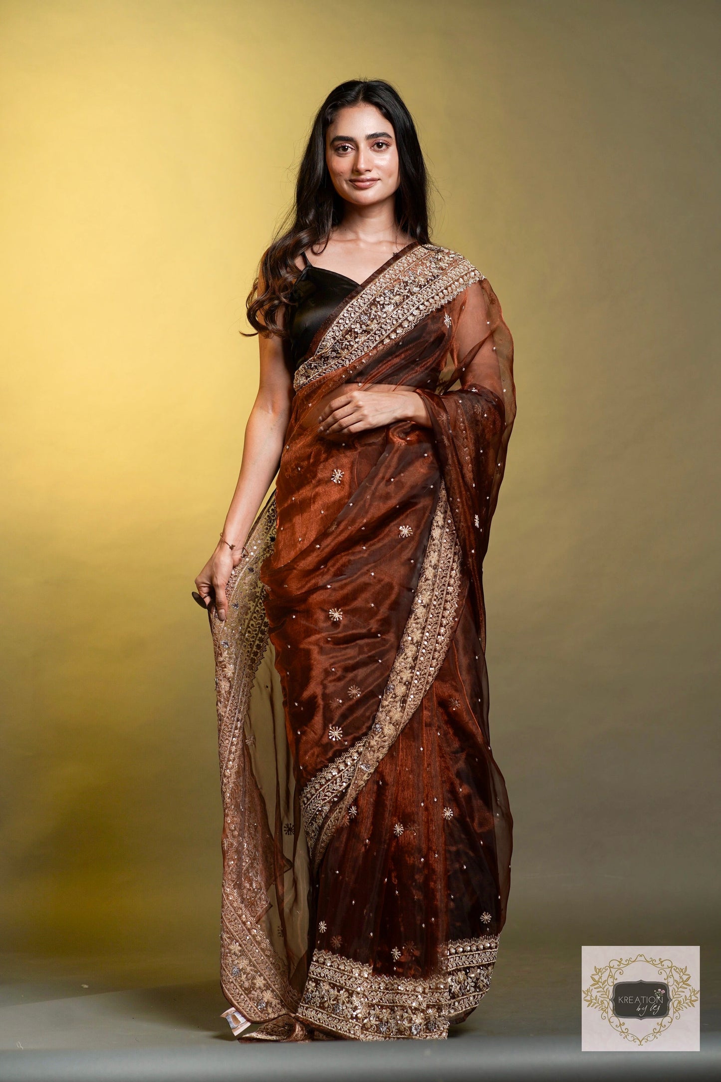 Nazakat Copper Glass Tissue Saree For Wedding kreationbykj