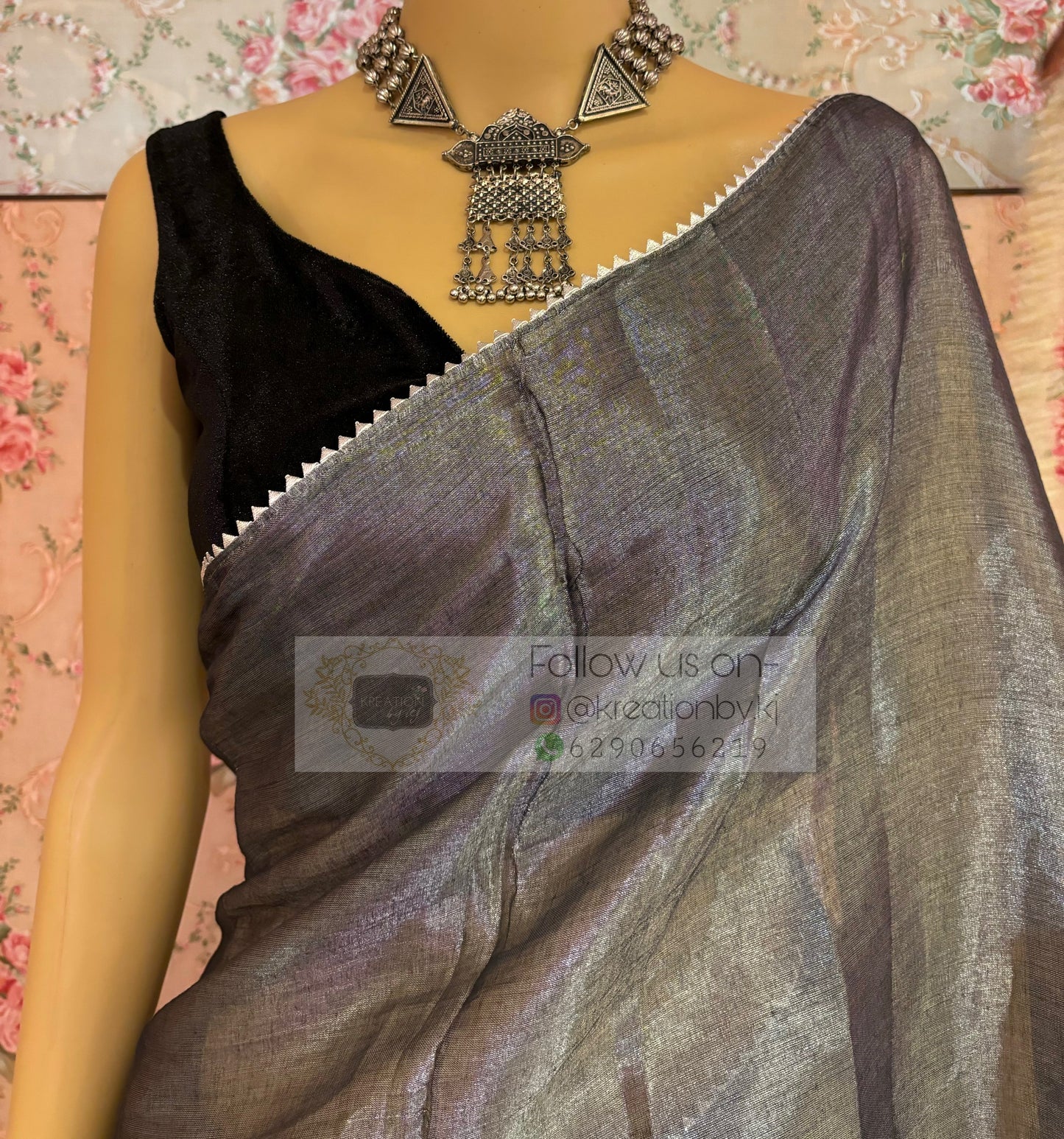Grey Cotton Tissue Cocktail Saree kreationbykj