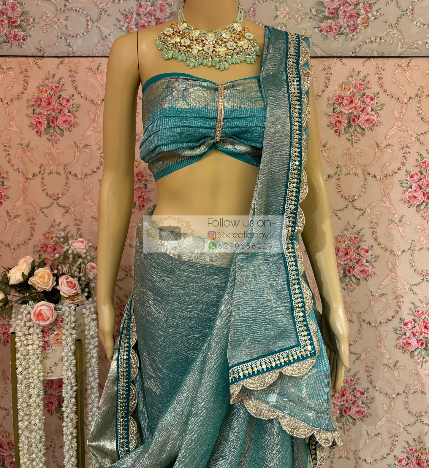 Sea Green Crushed Tissue Banarasi Saree kreationbykj