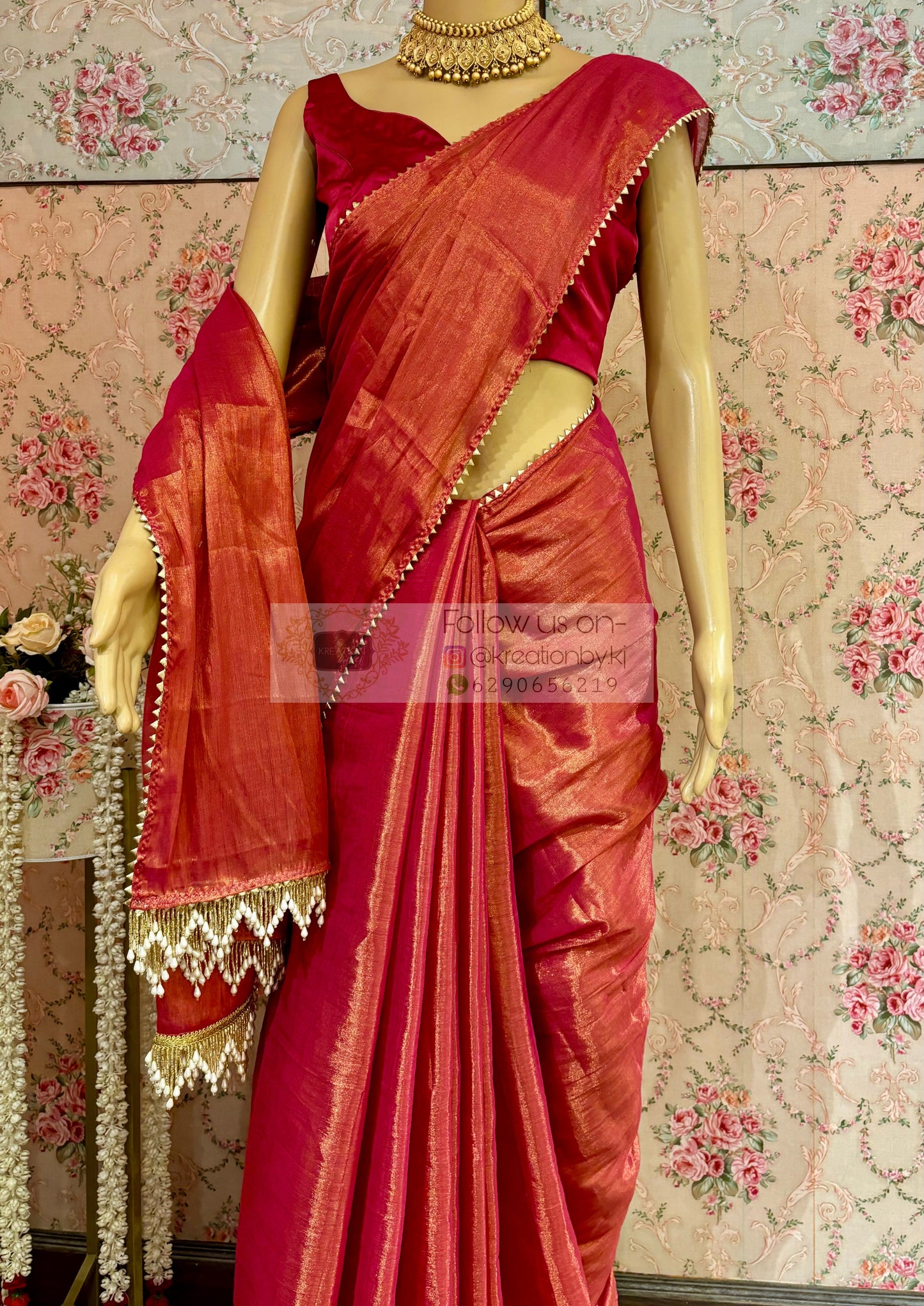 Coral Pink Cotton Tissue saree kreationbykj