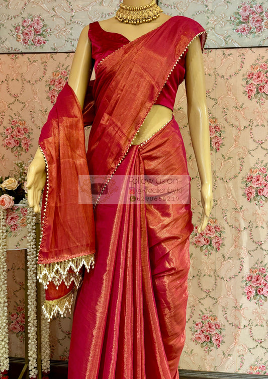 Coral Pink Cotton Tissue saree kreationbykj