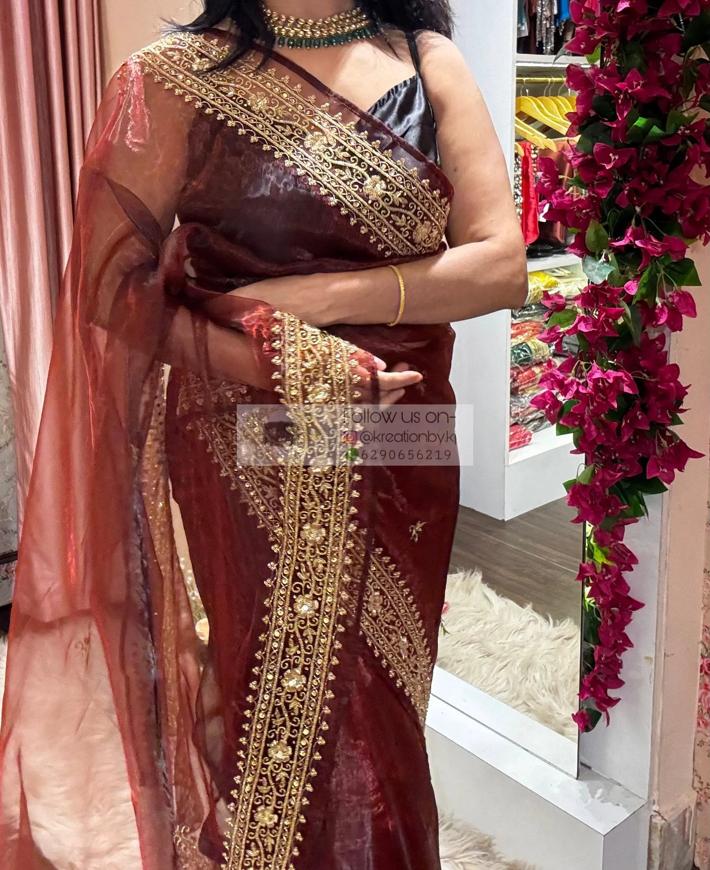 Maroon Glass Tissue Zarina Wedding Saree kreationbykj