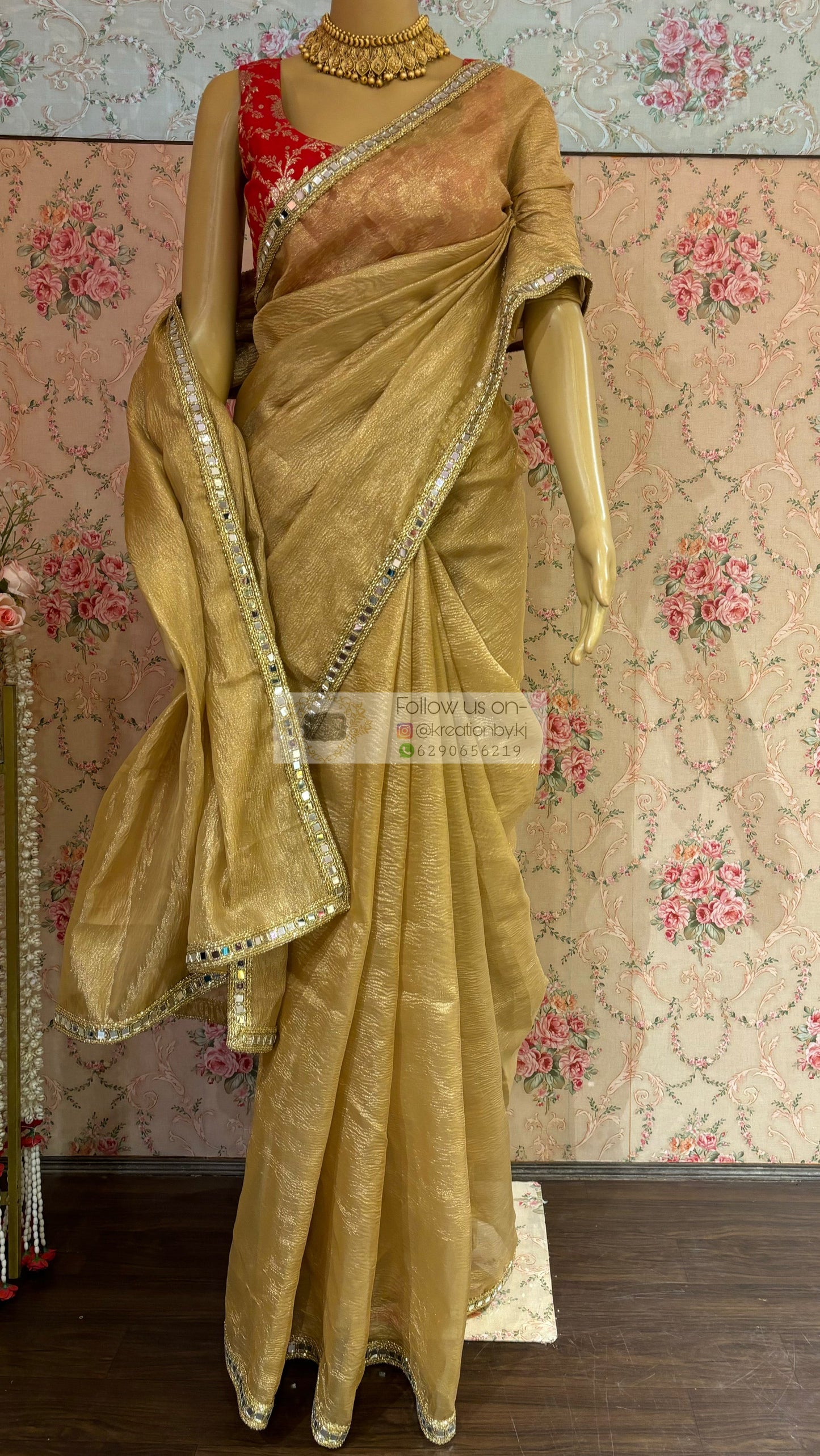 Golden Beige Tissue Saree with Mirror Border kreationbykj