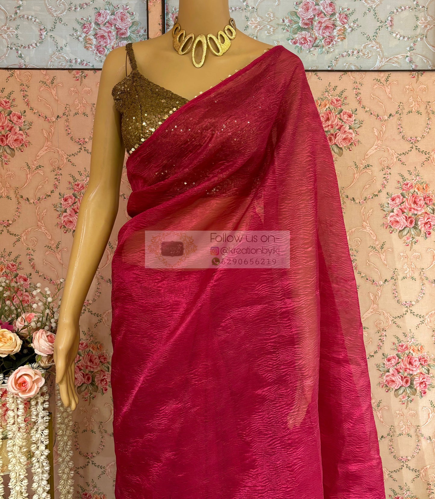 Magenta Pink Crushed Tissue Saree kreationbykj