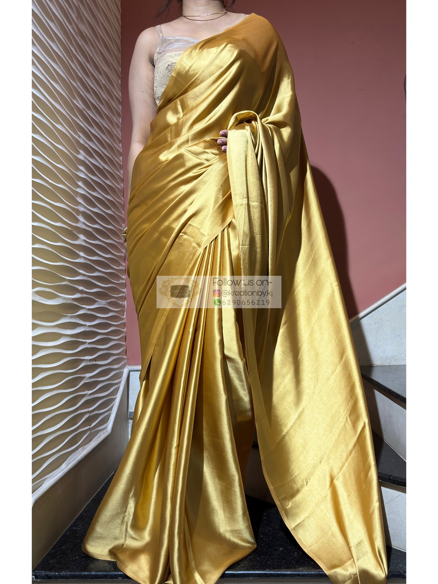 Golden mustard Satin Silk Saree with Handmade Tassels on Pallu - kreationbykj
