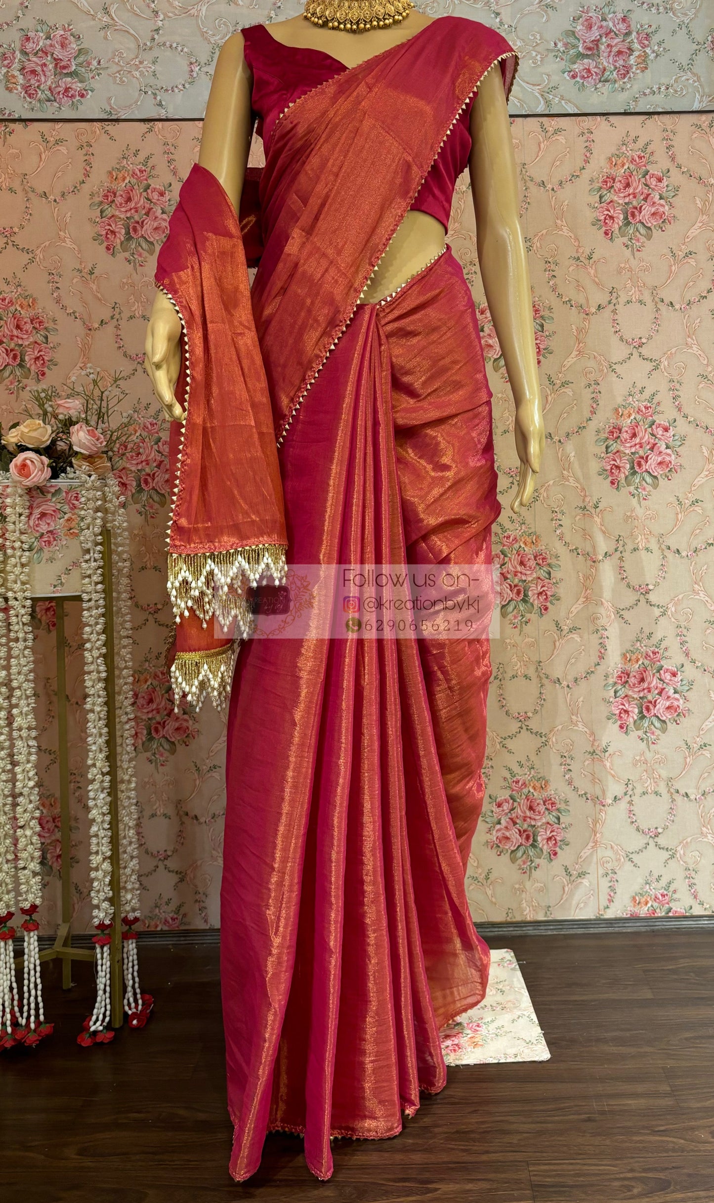 Coral Pink Cotton Tissue saree kreationbykj