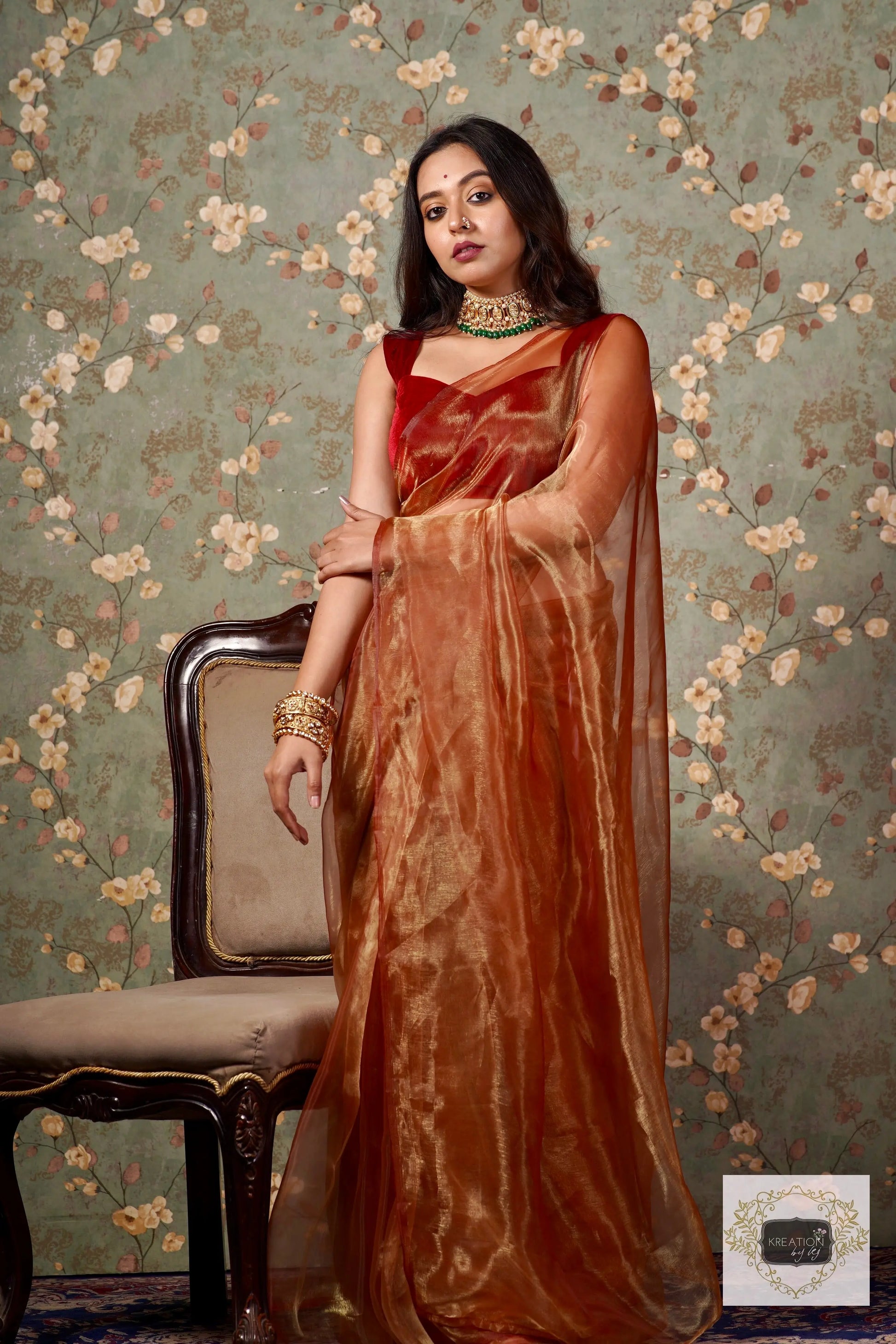 Golden Auburn Glass Tissue Saree kreationbykj