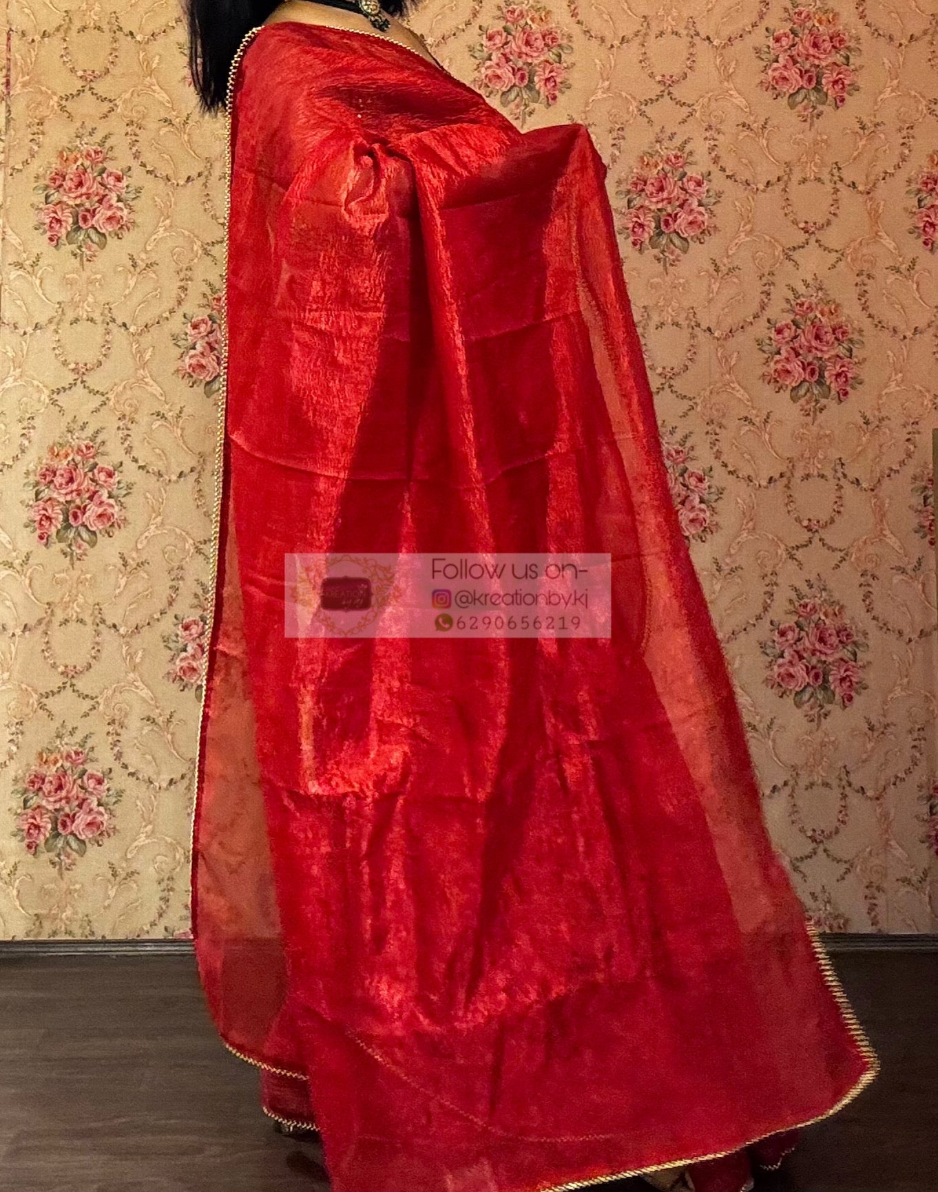 Red Crushed Tissue Saree with Golden Border kreationbykj