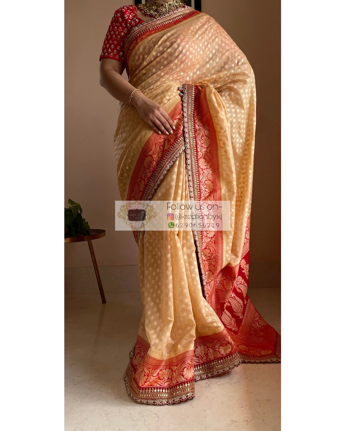 Beige Banarasi Georgette Saree with Red Border for Puja kreationbykj
