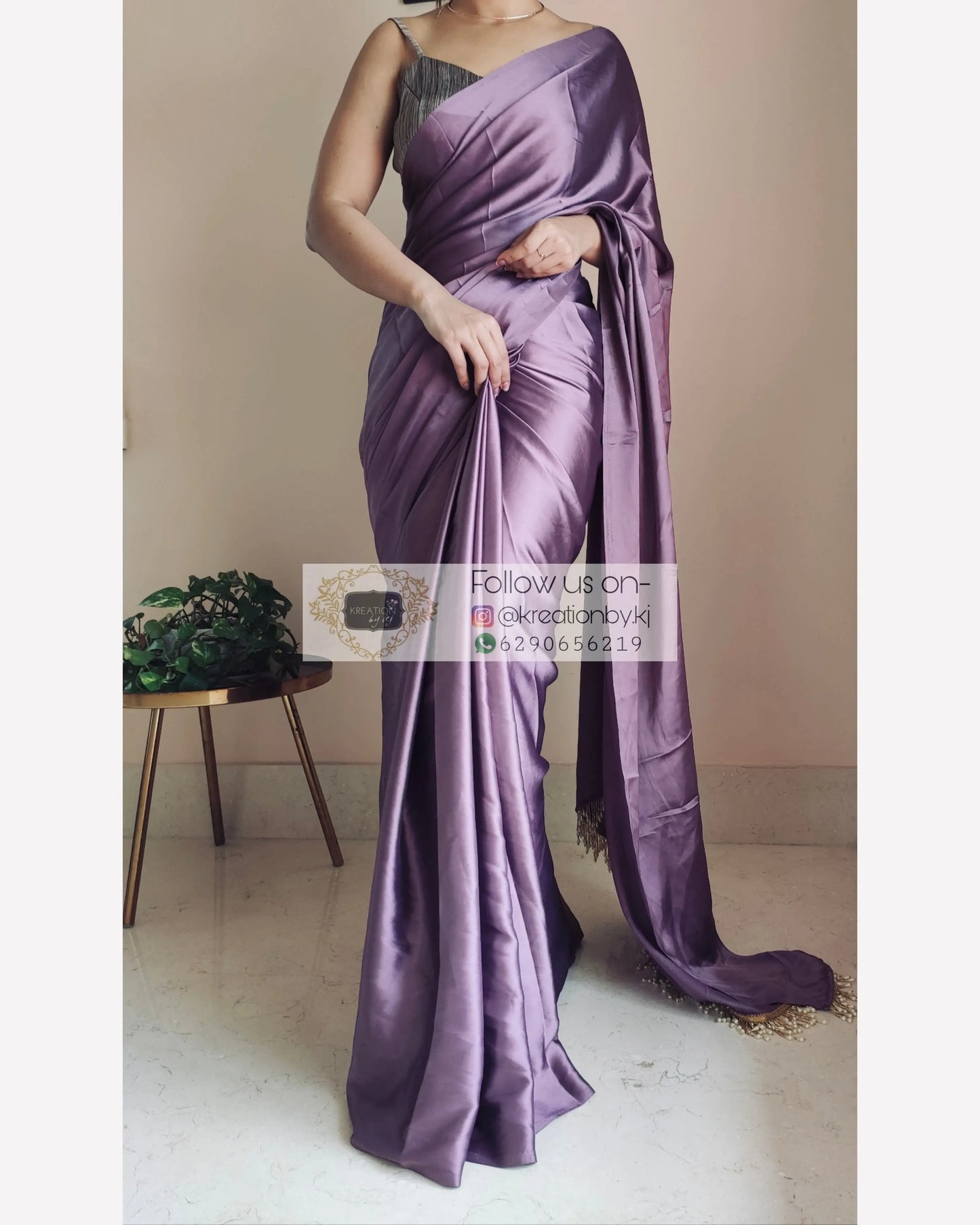 Heather Satin Silk Saree With Handmade Tassels On Pallu kreationbykj.in