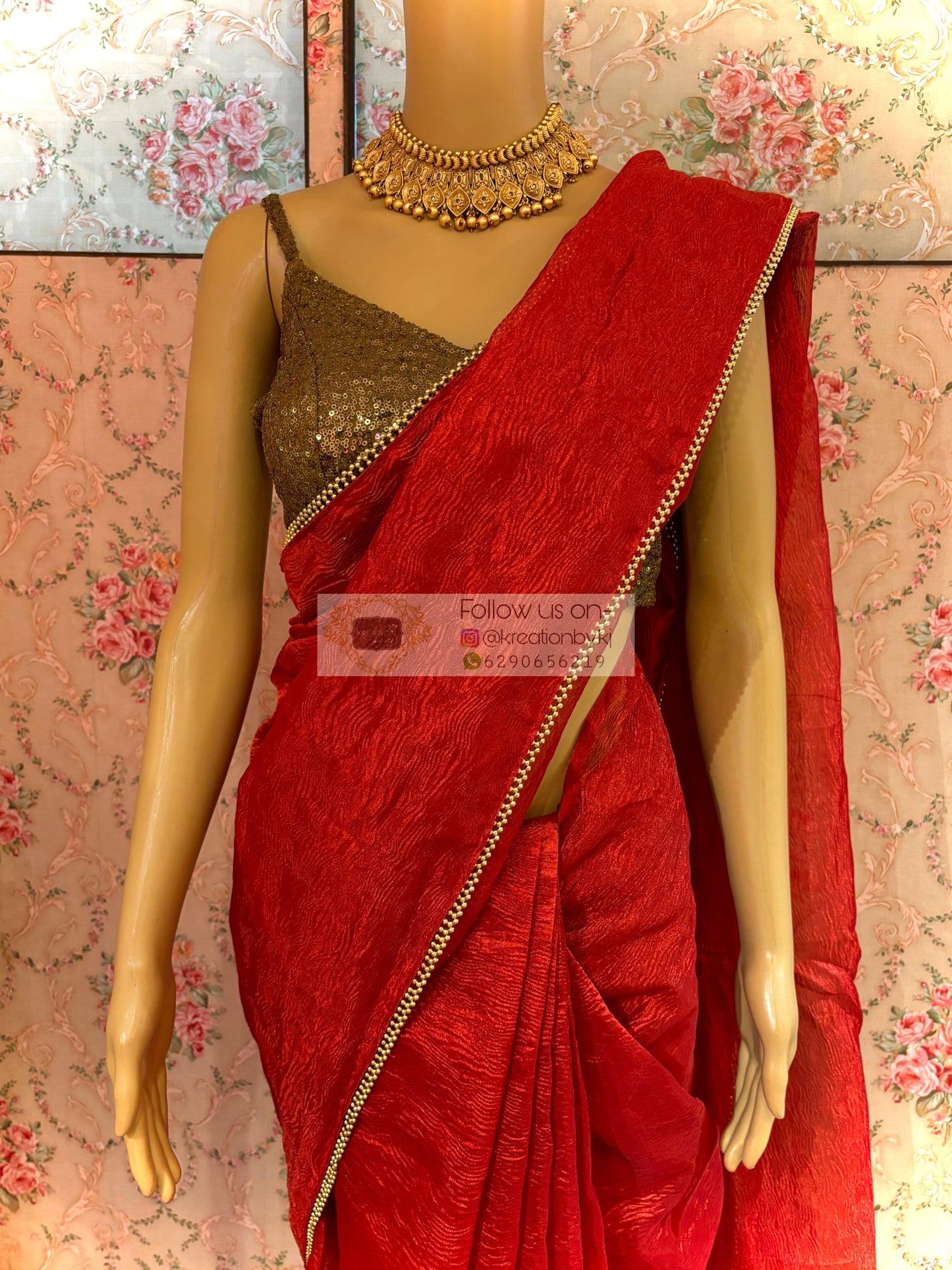 Red Crushed Tissue Saree with Golden Border kreationbykj