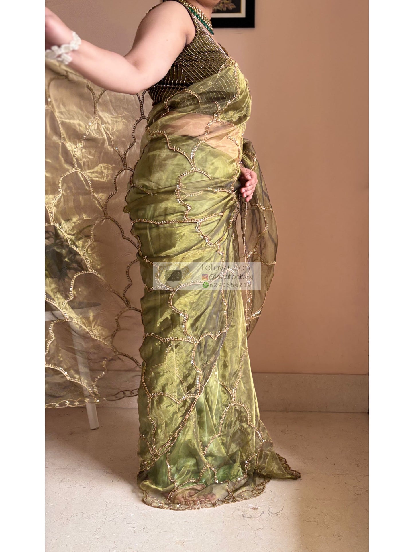 Military Green Chaudhvin ka Chand Saree for Wedding Kreation by KJ
