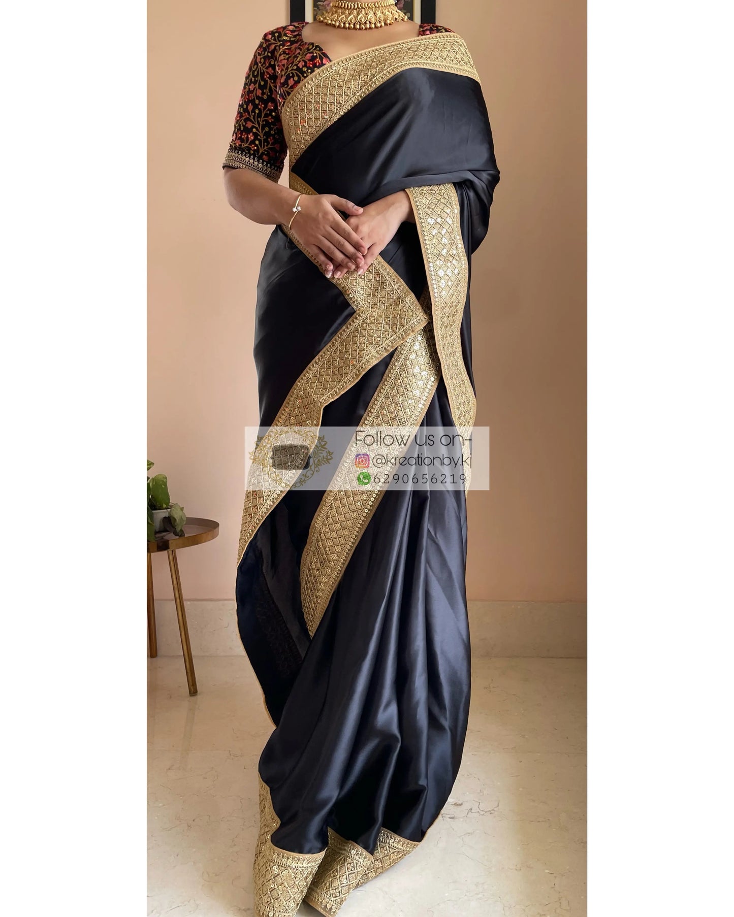 Black Satin Saree with Gold Border kreationbykj