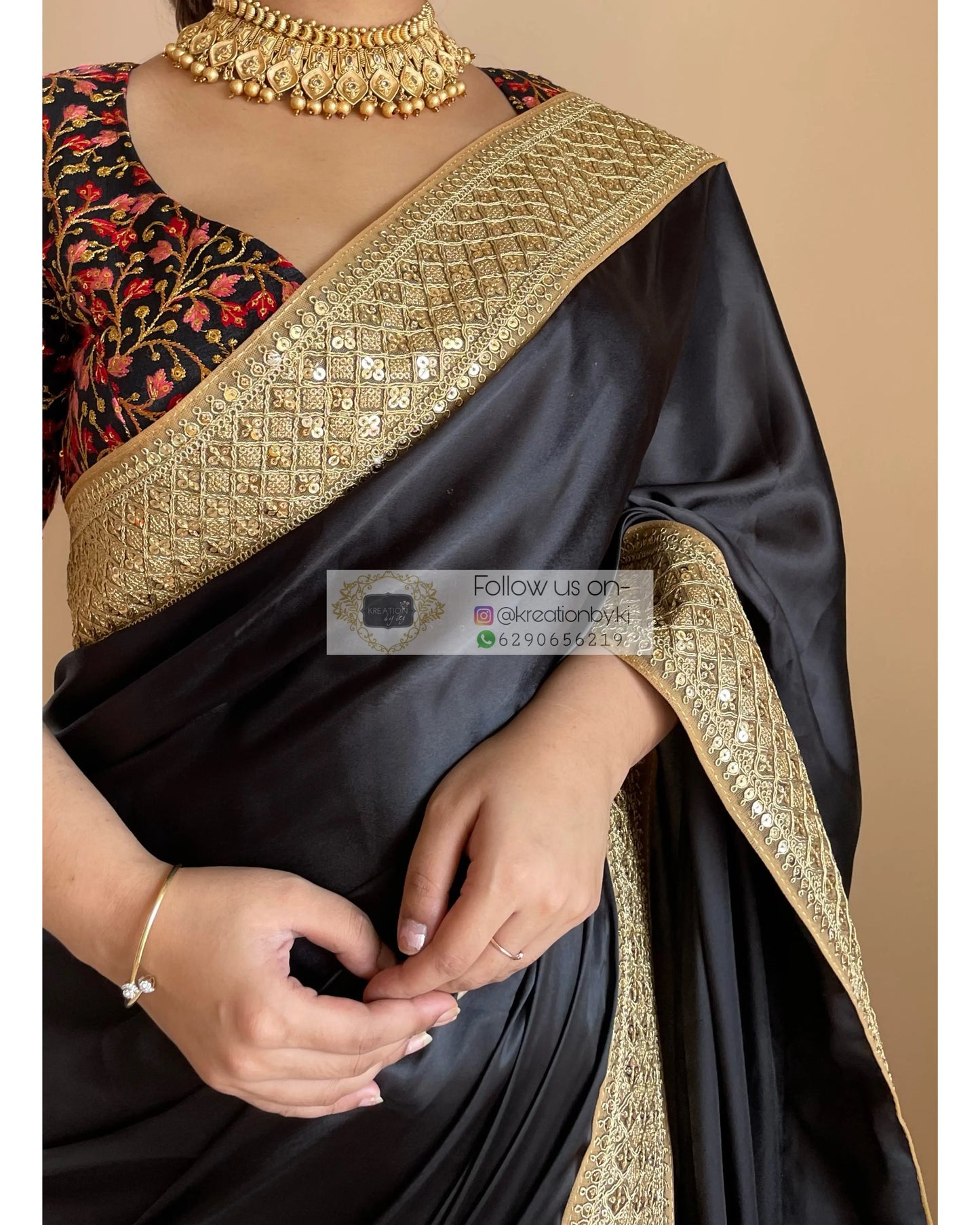 Black Satin Saree with Gold Border kreationbykj