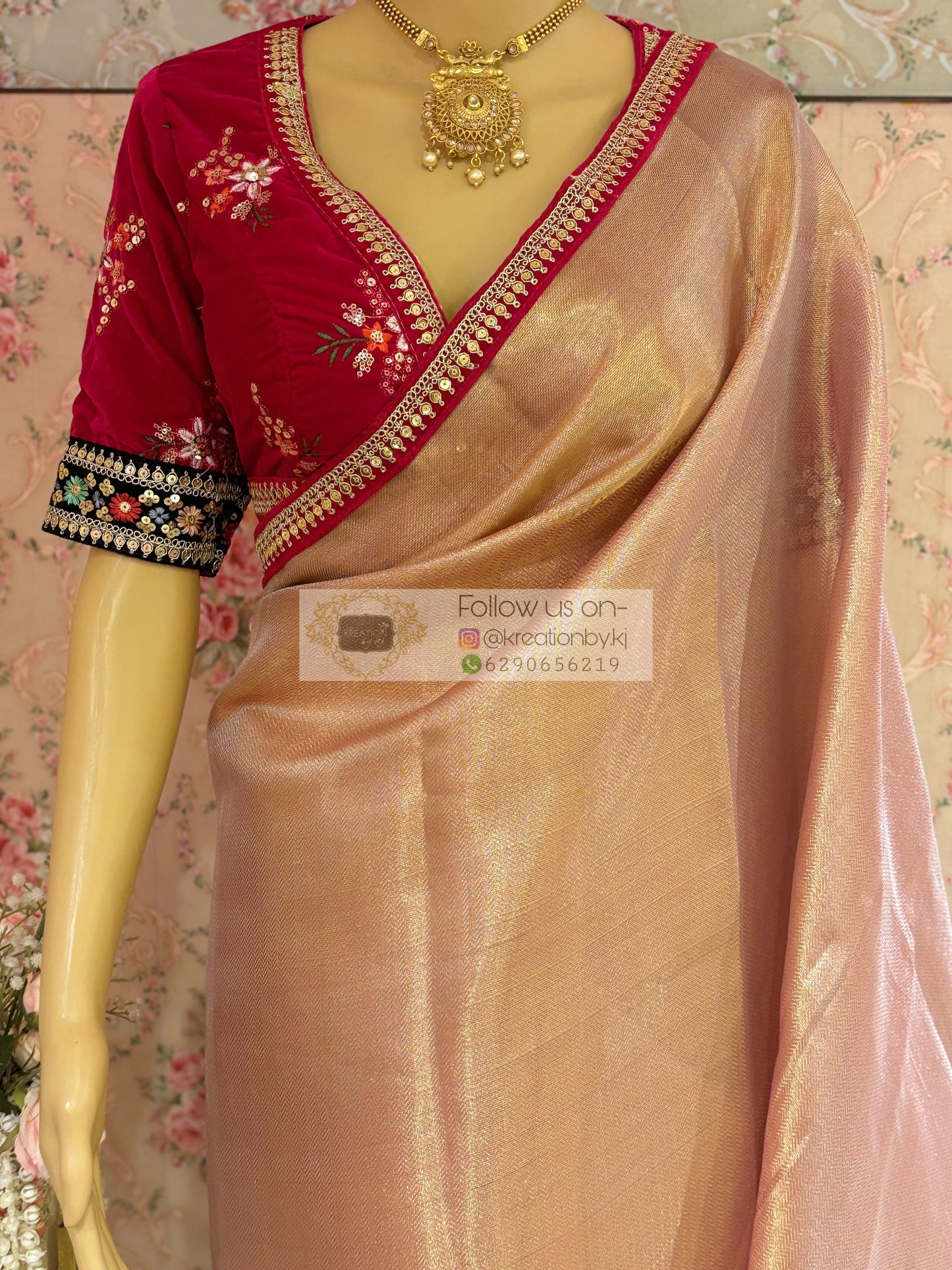 Dusty Pink Tissue Banarasi Saree with Designer Velvet Blouse kreationbykj