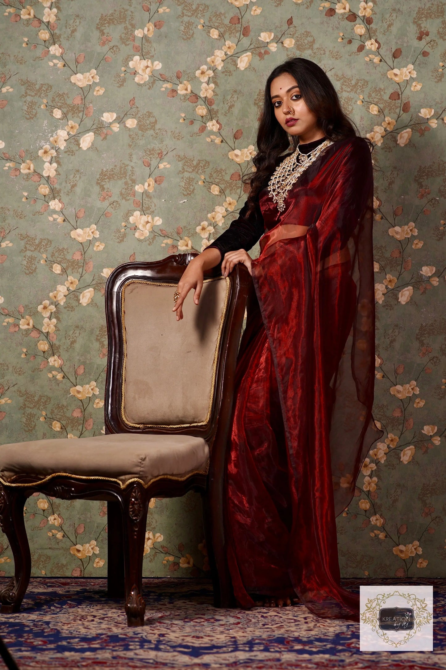 Maroon Glass Tissue Saree kreationbykj.in