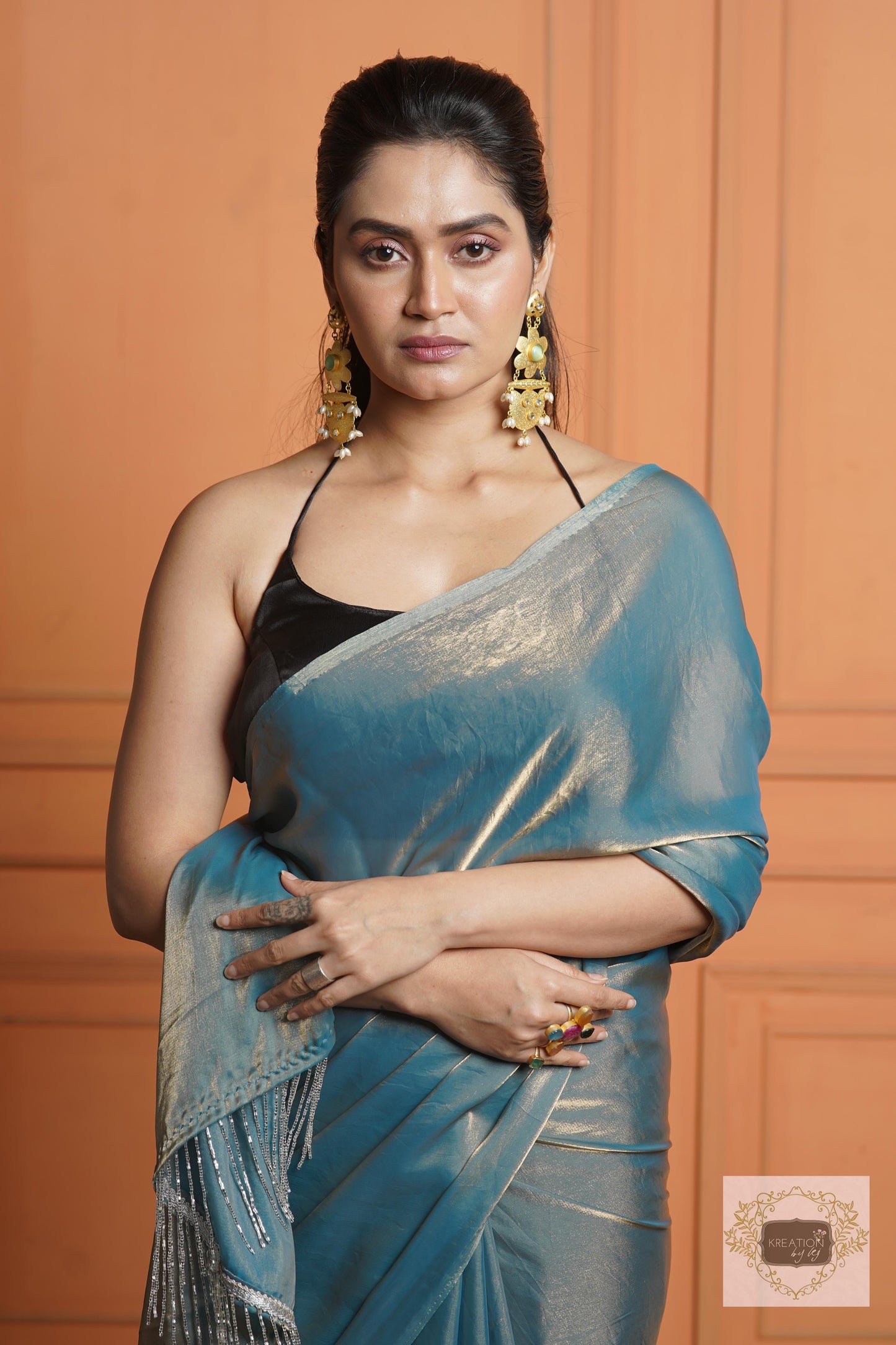 Teal Blue Metallic Shimmer Satin Saree kreationbykj