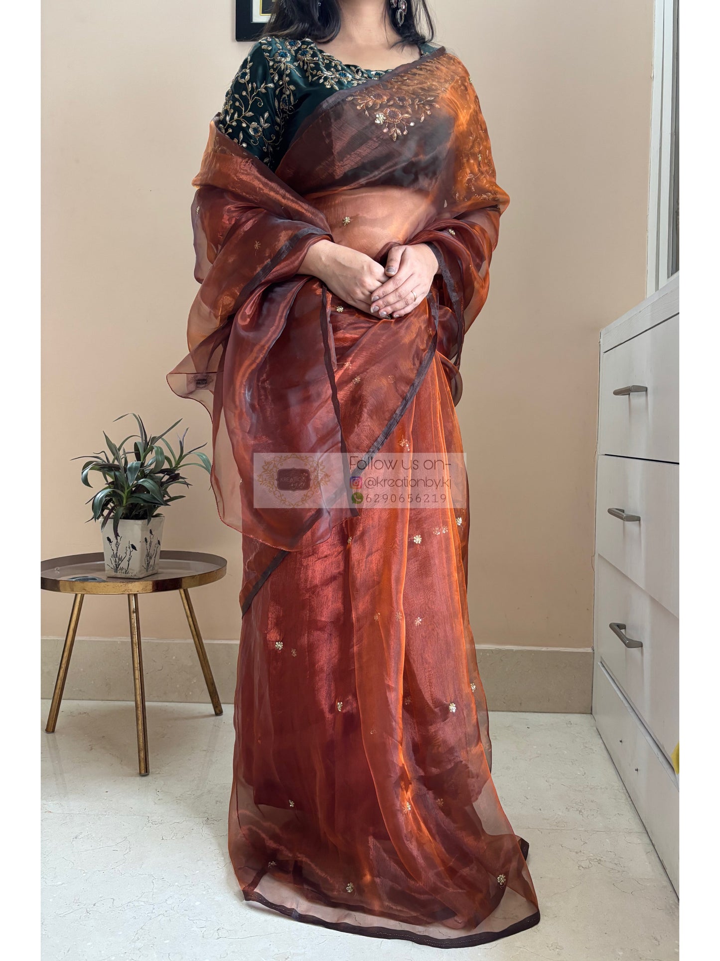 Copper Brown Glass Tissue Cocktail Saree